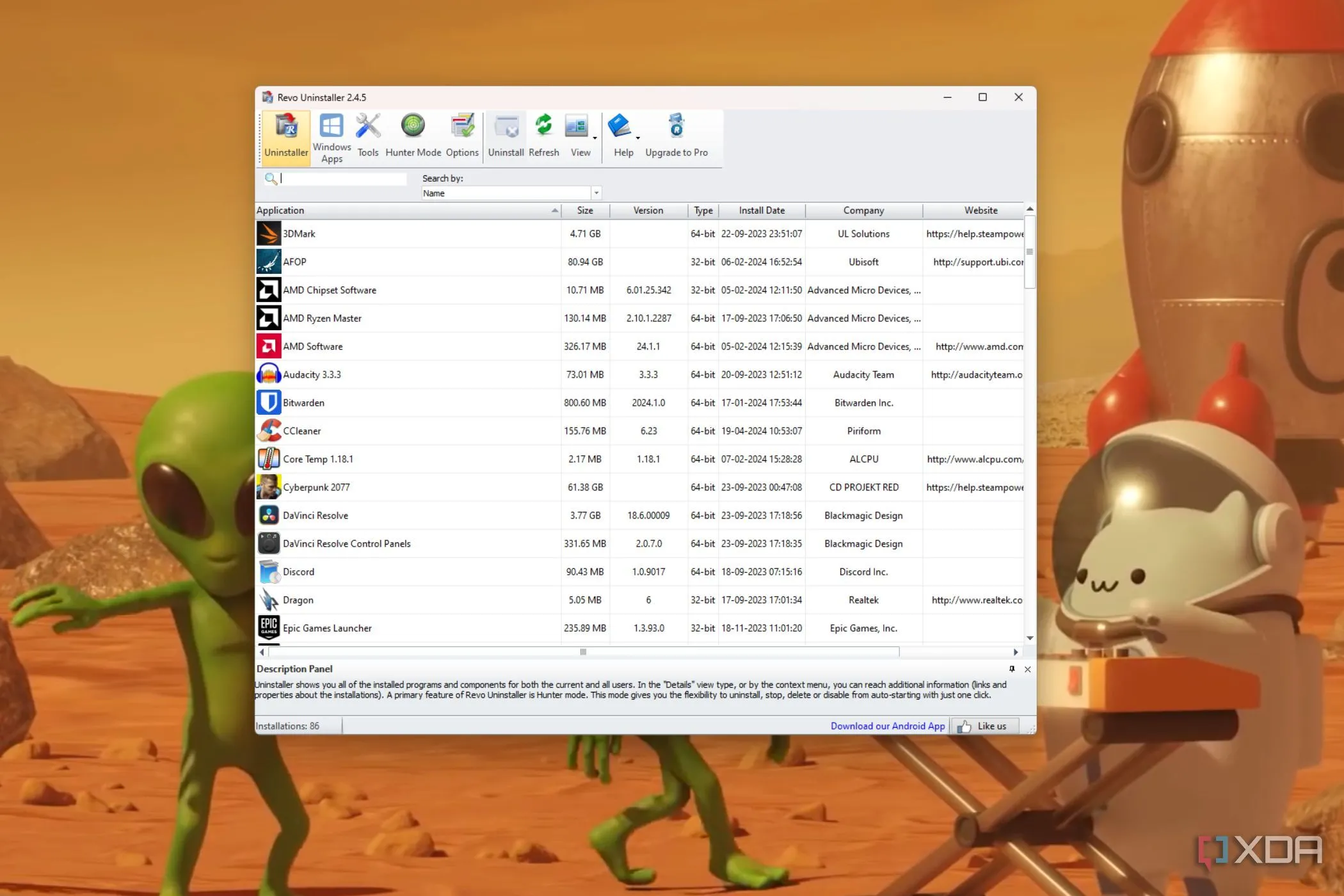 Màn hình chính của Revo Uninstaller, một công cụ gỡ cài đặt ứng dụng