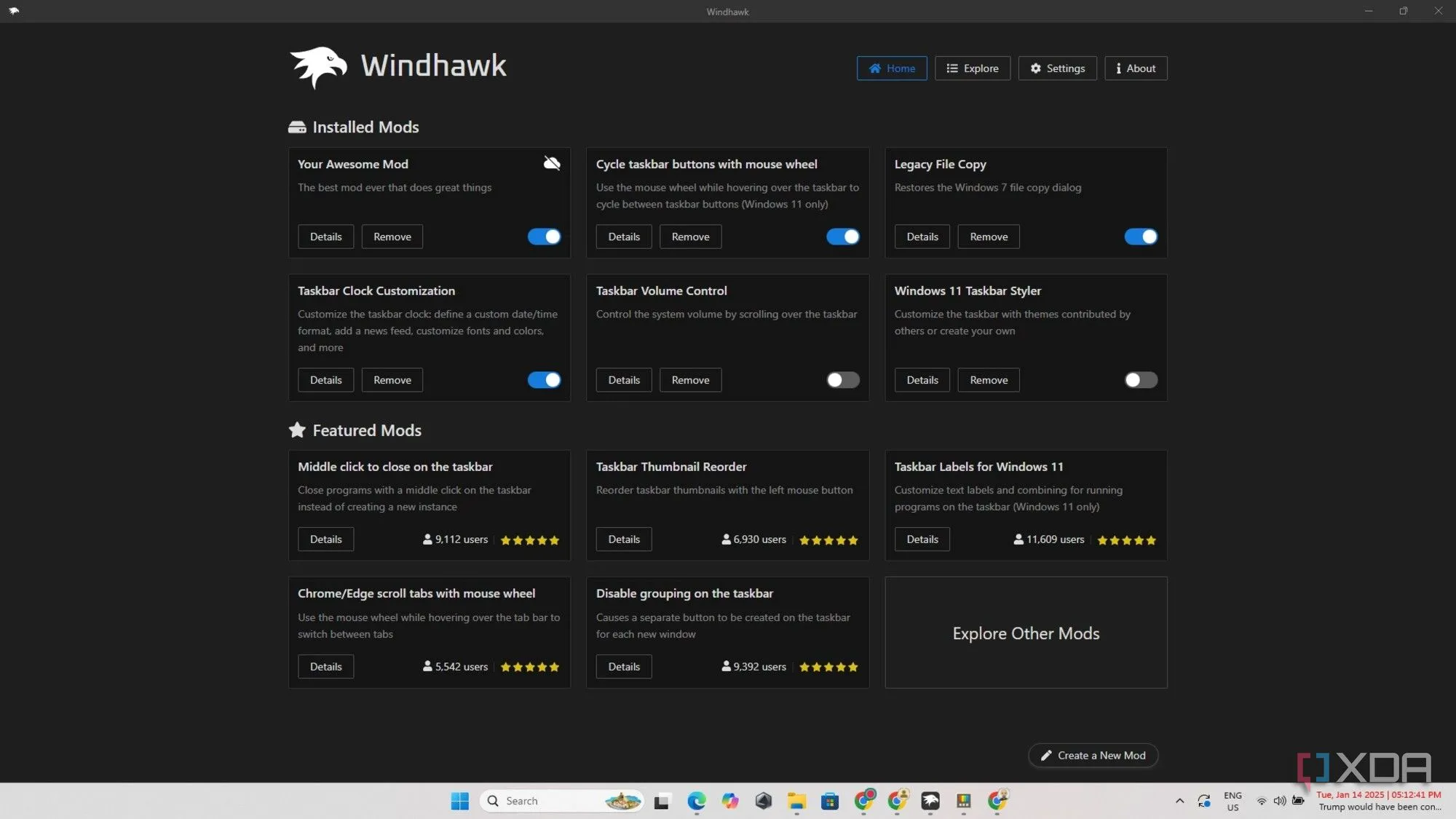 Màn hình chính của Windhawk với danh sách các mod