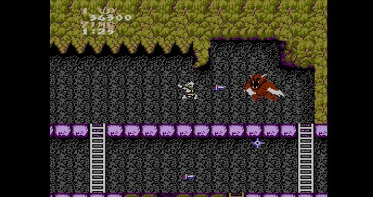 Màn hình chơi game Ghosts 'n Goblins với nhân vật Arthur và kẻ thù