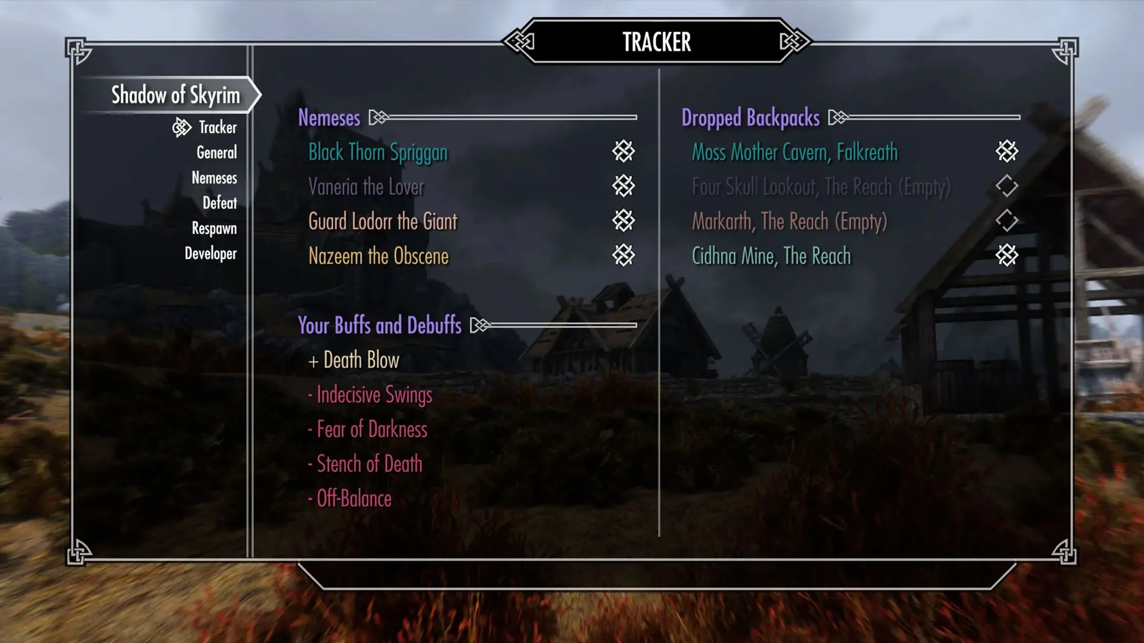 Màn hình chụp trong game mô tả cơ chế Nemesis của mod Shadow of Skyrim, nơi kẻ thù đánh bại người chơi trở nên mạnh hơn và có tên riêng.