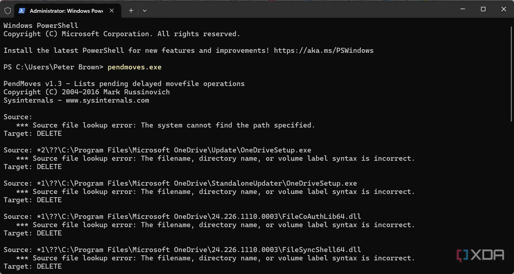 Màn hình công cụ PendMoves hiển thị các thao tác file đang chờ xử lý trên Windows