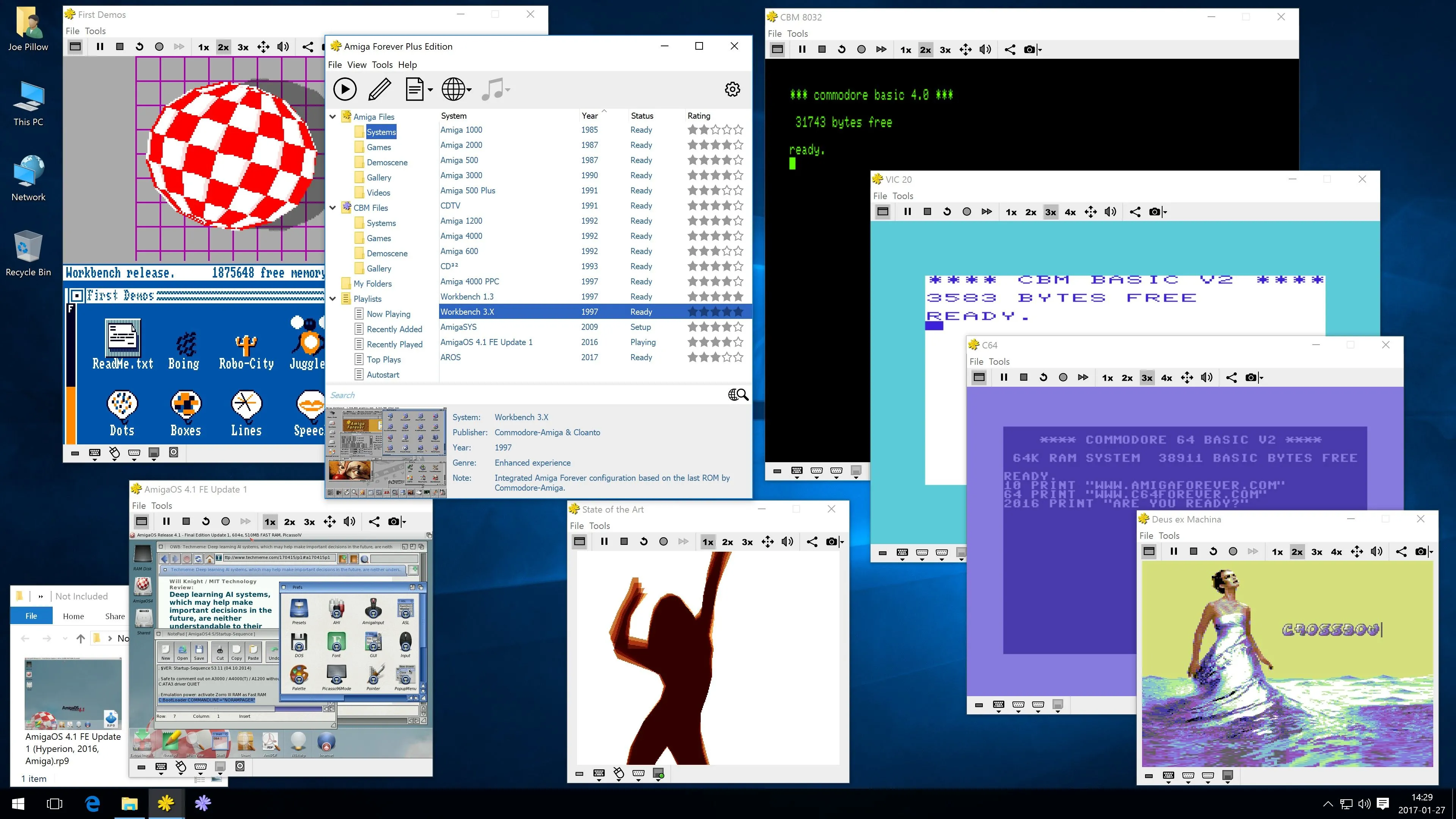 Màn hình desktop Amiga Forever với các ứng dụng đang mở
