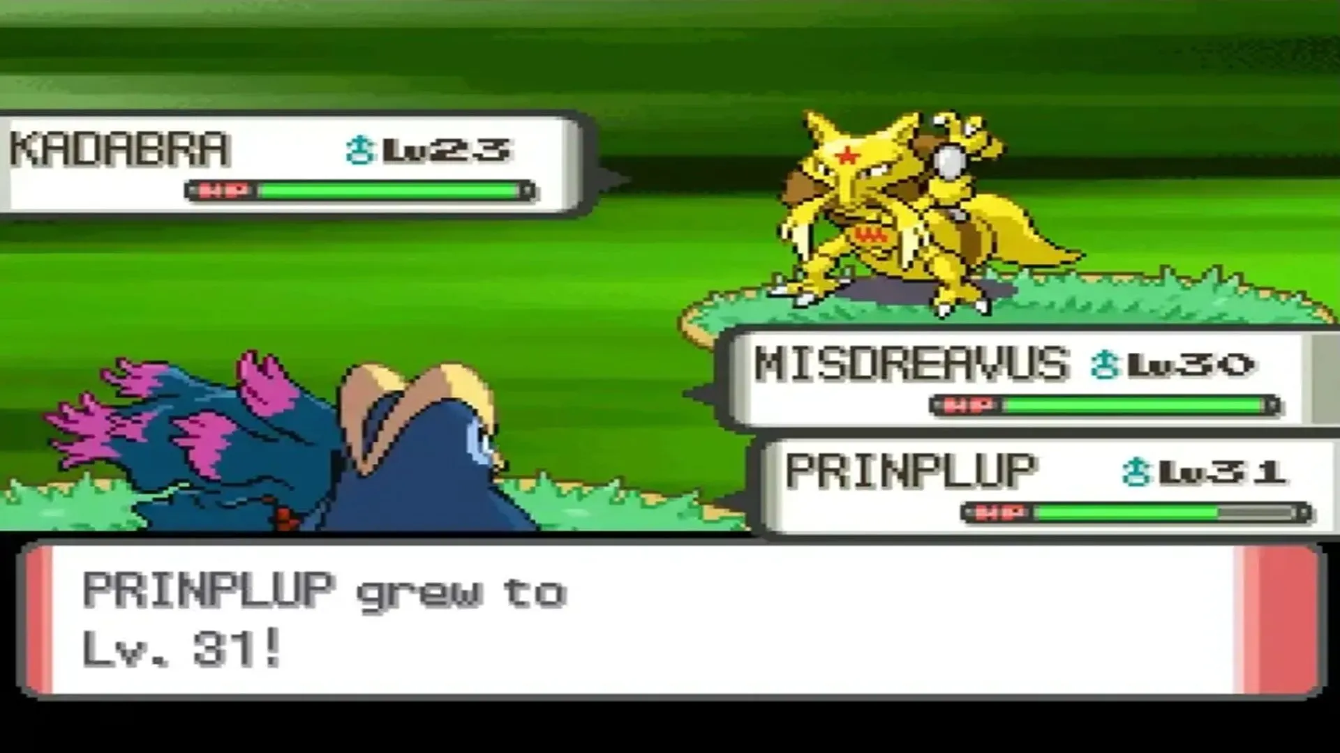Màn hình đôi hiển thị trận đấu Pokémon trong game Pokémon Pearl, điển hình cho các trận chiến phức tạp ở thế hệ thứ tư