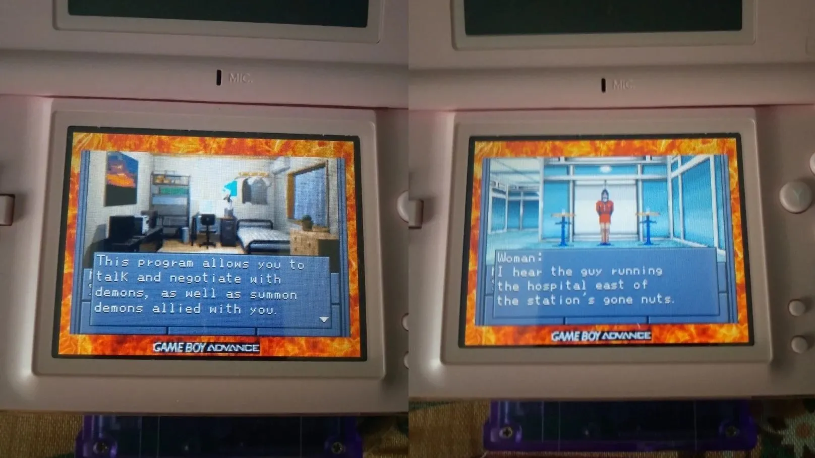 Màn hình gameplay của Shin Megami Tensei trên GBA với bản dịch tiếng Anh, hiển thị giao diện khám phá dungeon và hội thoại nhân vật.