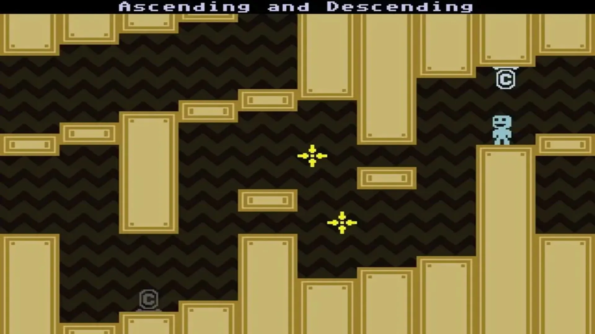 Màn hình gameplay của VVVVVV trên PS Vita, hiển thị nhân vật Captain Viridian trong môi trường đồ họa pixel retro và cơ chế đảo trọng lực.