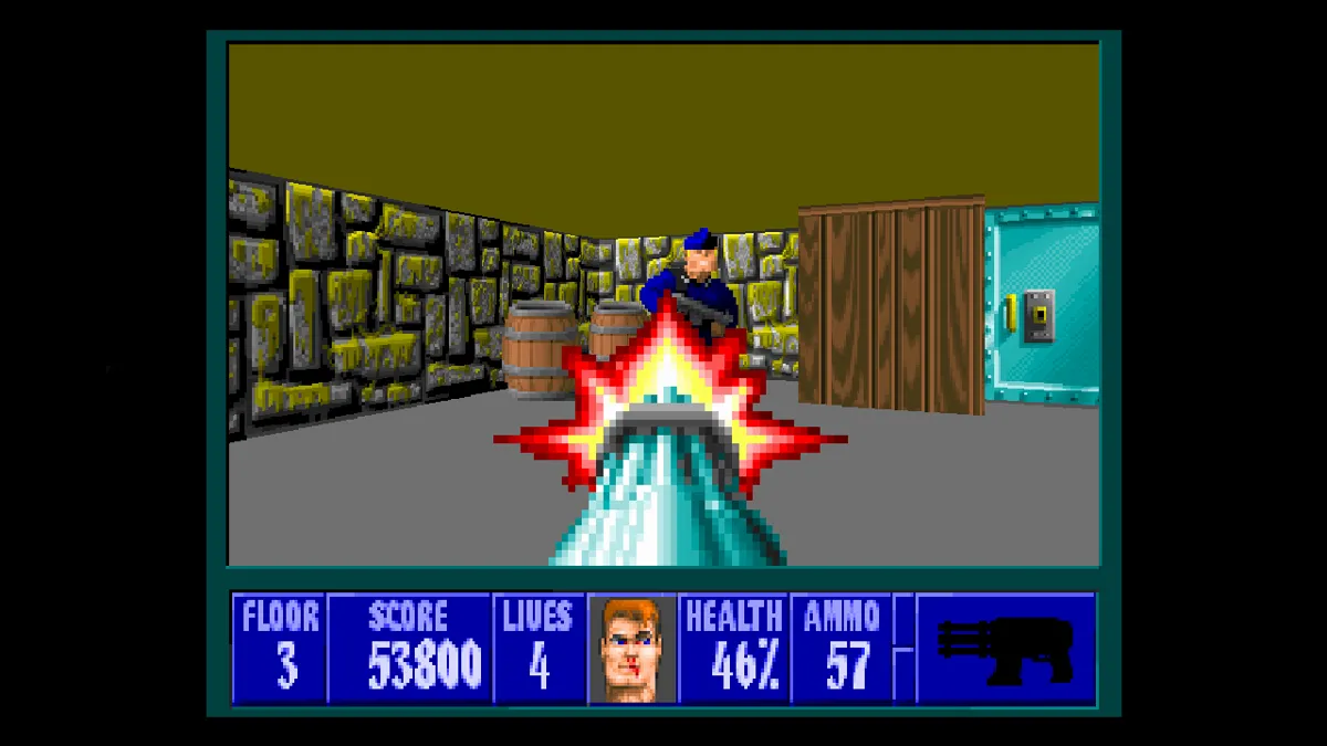 Màn hình gameplay của Wolfenstein 3D, với góc nhìn thứ nhất và đồ họa 3D sơ khai