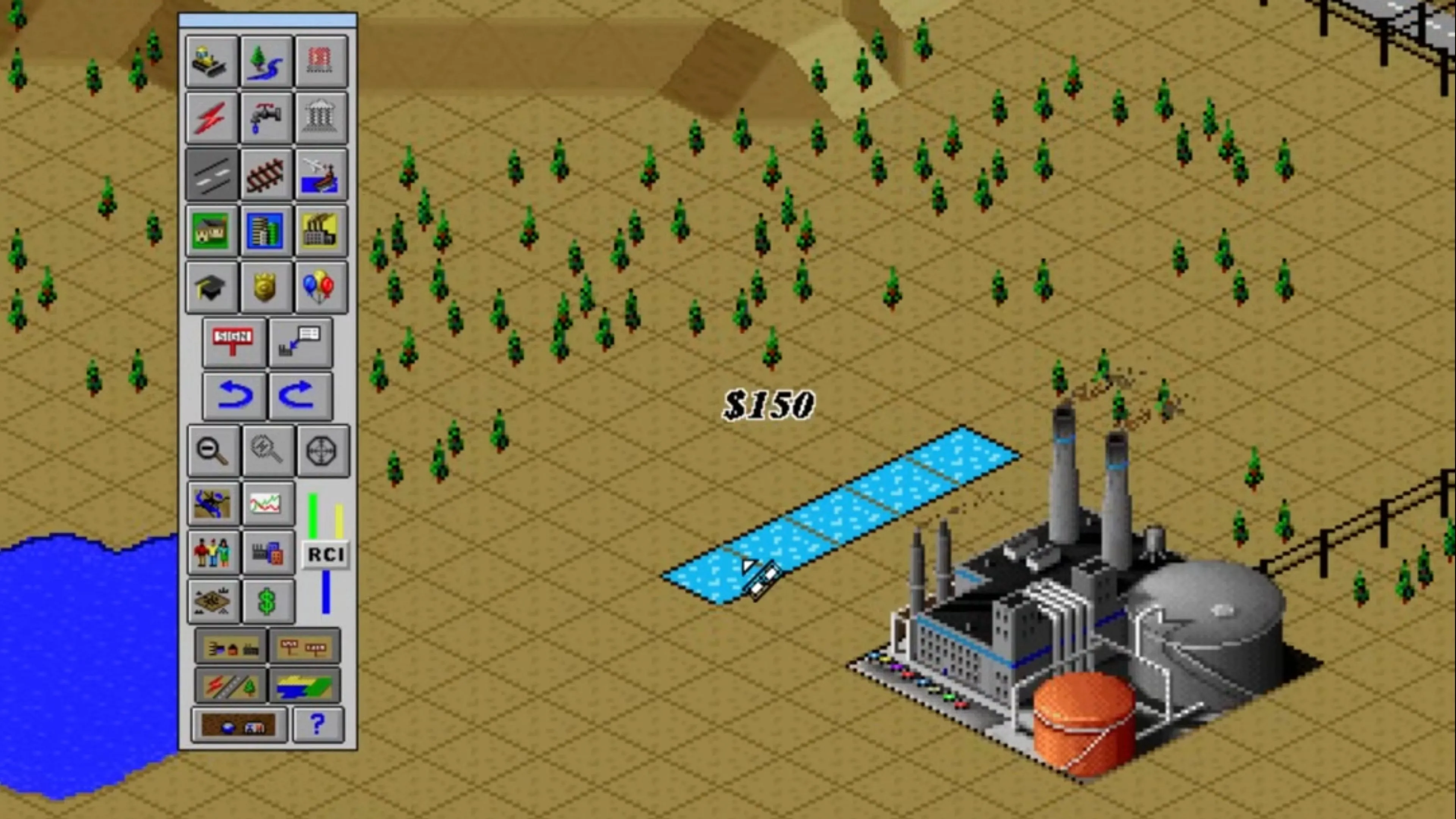 Màn hình gameplay SimCity 2000 với thành phố được xây dựng