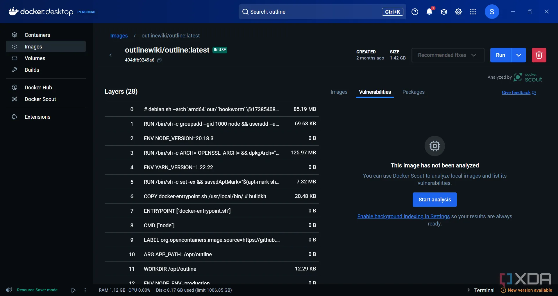 Màn hình giao diện Outline minh họa việc tự host thông qua Docker để tăng cường bảo mật dữ liệu