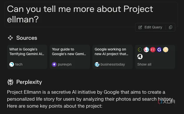 Màn hình hiển thị câu hỏi theo dõi trong Perplexity về Google.