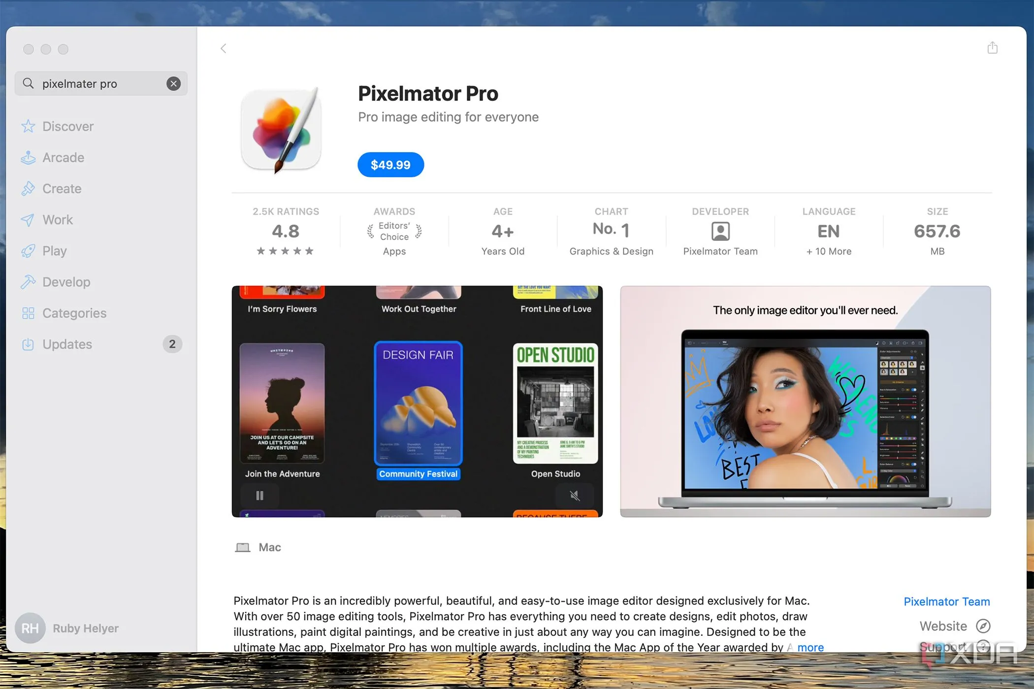 Màn hình hiển thị giá Pixelmator Pro trong Apple App Store