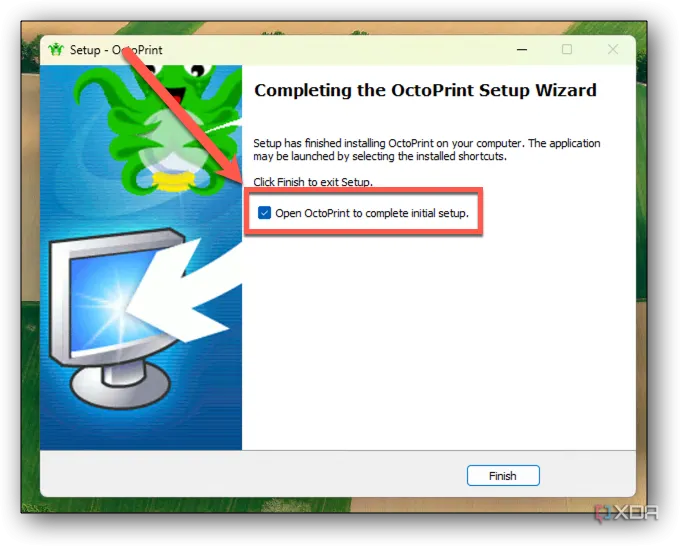 Màn hình hoàn tất thiết lập OctoPrint wizard trên Windows