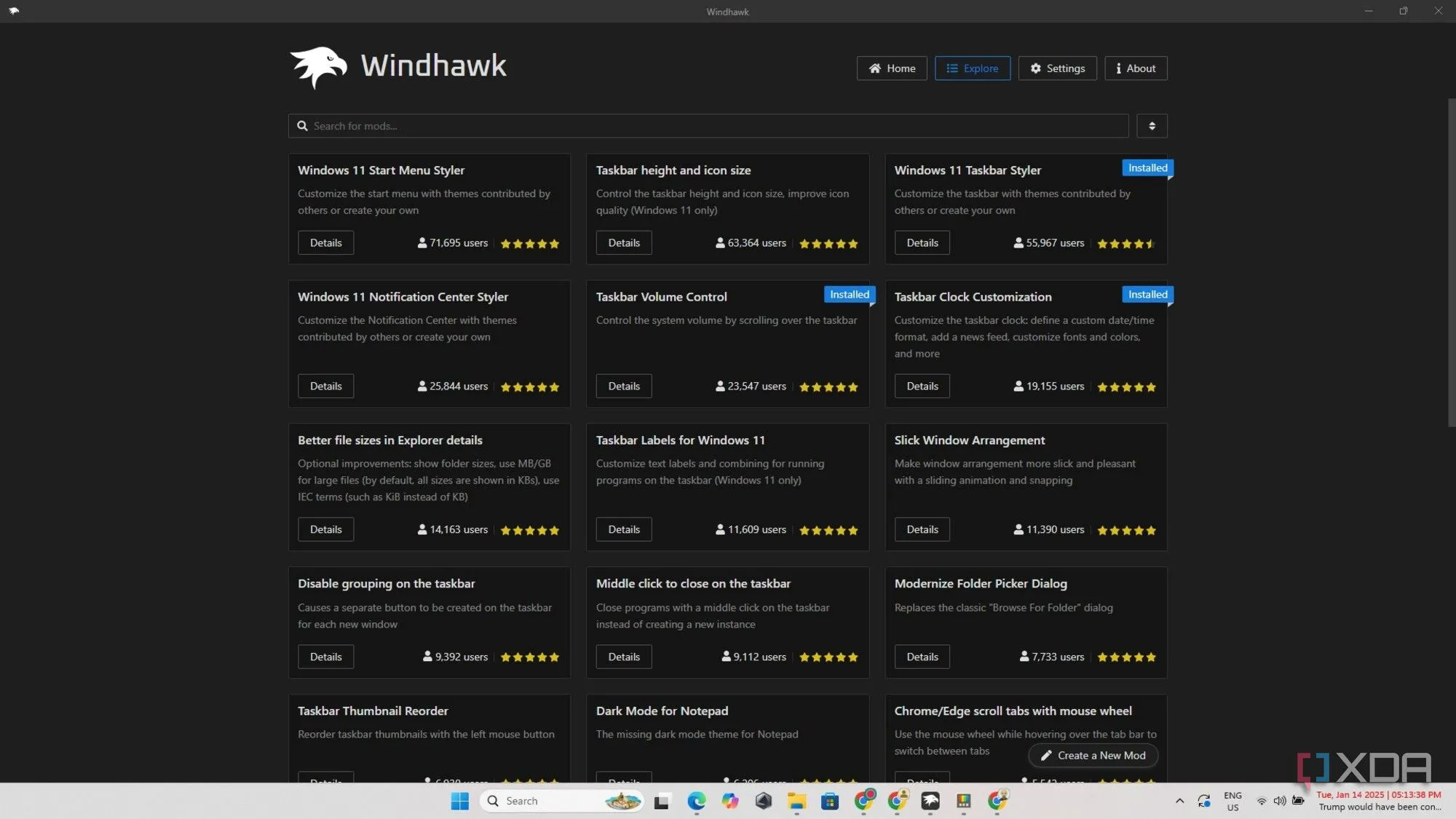 Màn hình khám phá module trong ứng dụng Windhawk