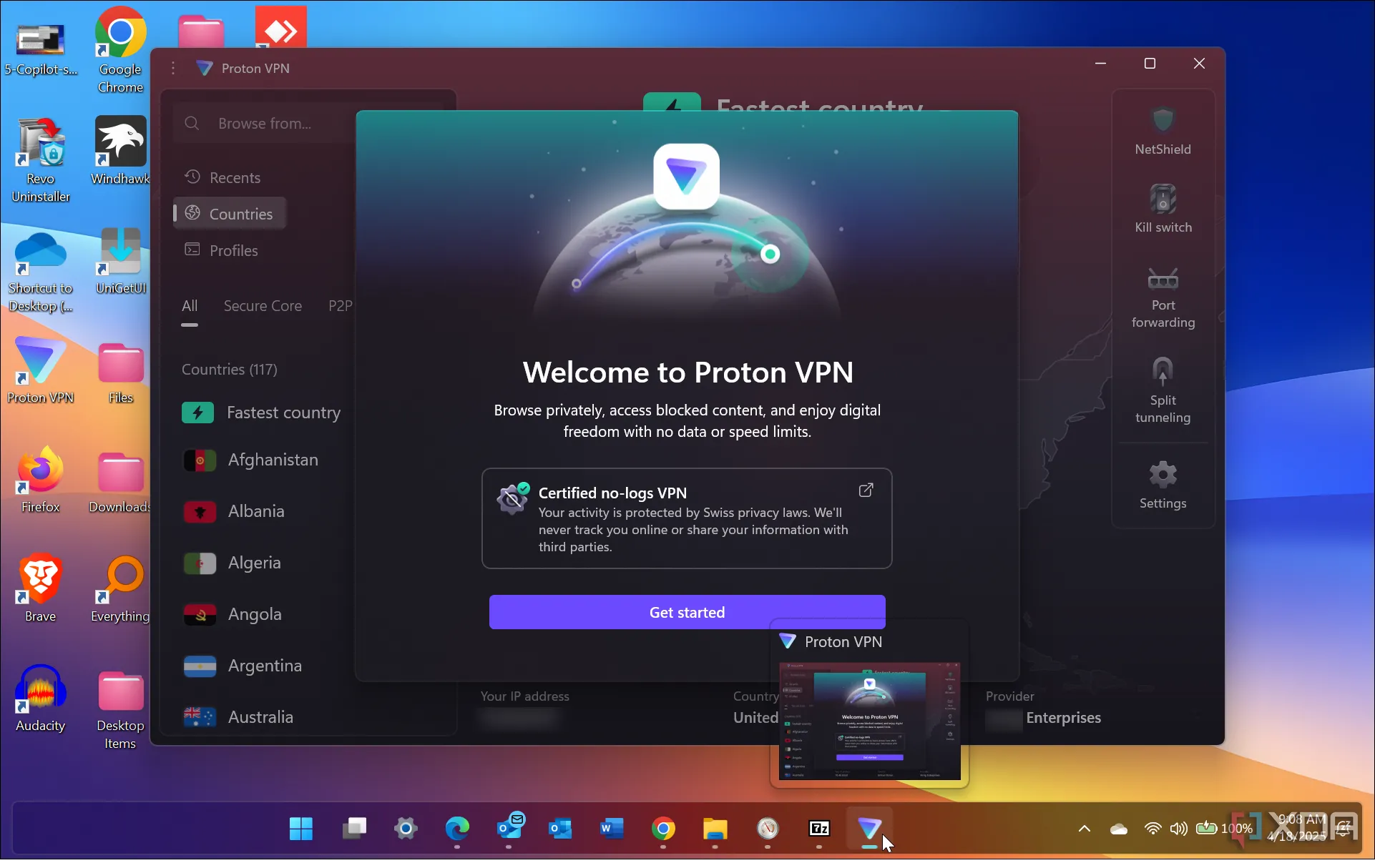 Màn hình khởi động Proton VPN hiển thị thông báo &quot;Không ghi nhật ký&quot; (No Logs)