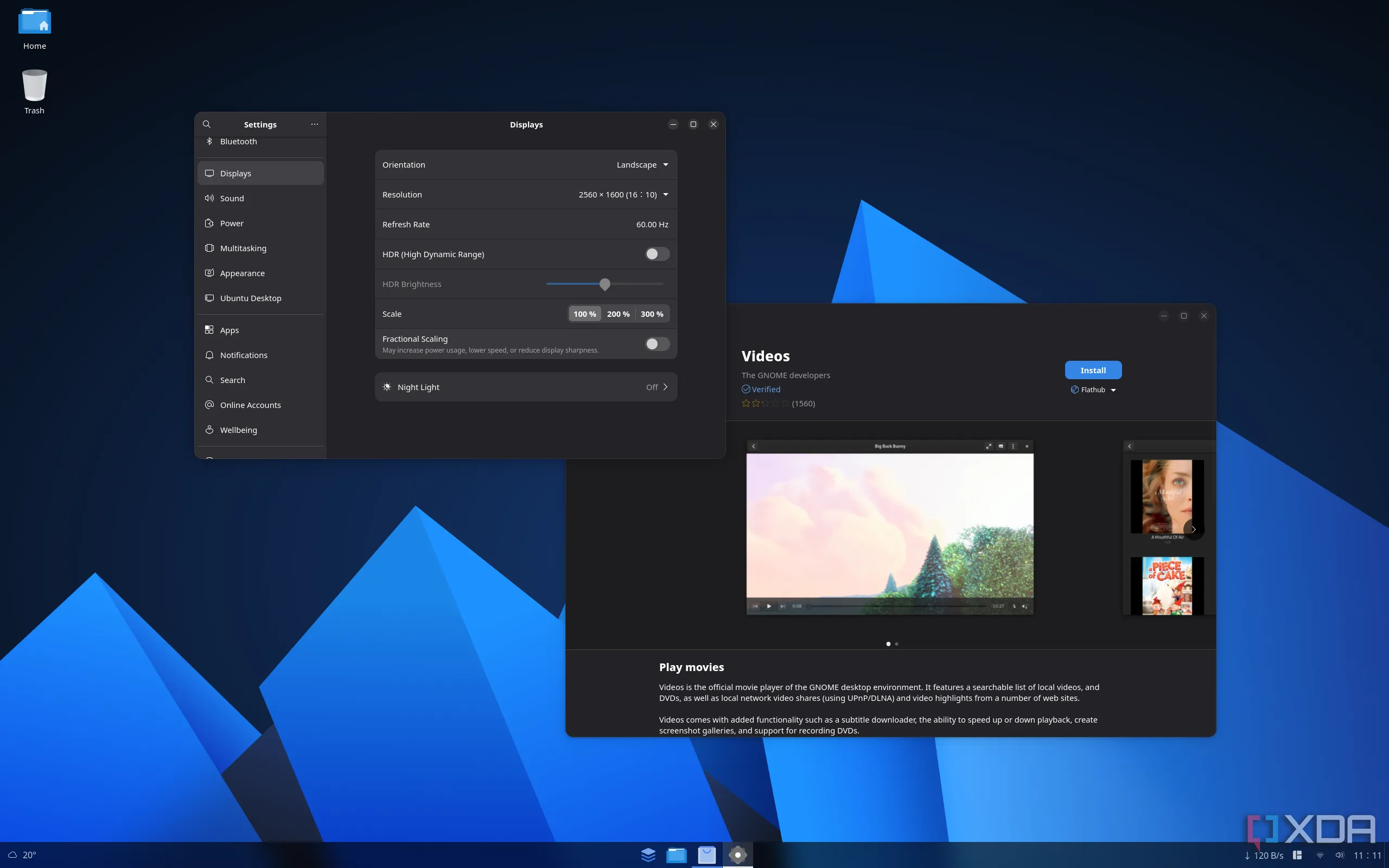 Màn hình máy tính AnduinOS với ứng dụng Cài đặt GNOME và Trung tâm phần mềm để cài đặt ứng dụng