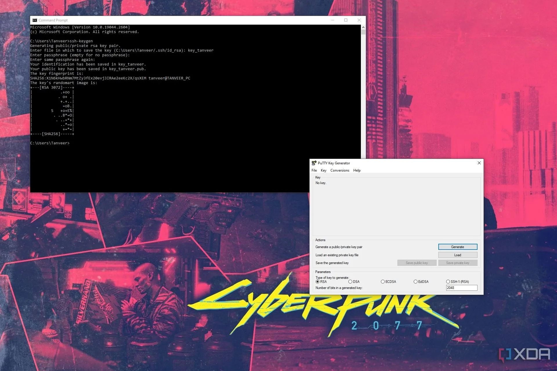Màn hình máy tính Windows hiển thị cửa sổ Command Prompt và PuTTYgen với các khóa SSH
