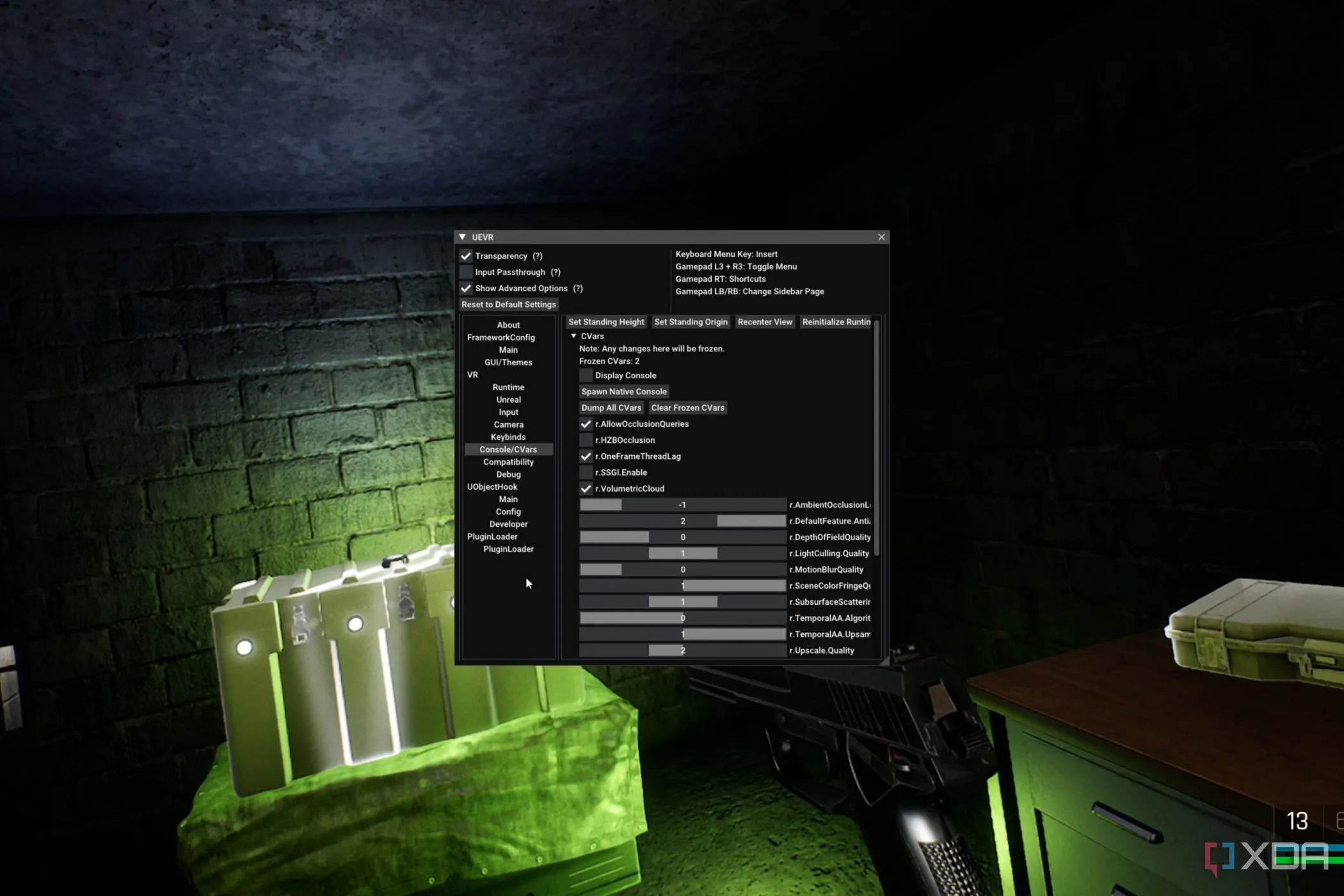 Màn hình menu của UEVR Injector trong game Trepang2, hiển thị các tùy chọn cấu hình để chơi game trong thực tế ảo, tối ưu hóa trải nghiệm VR.