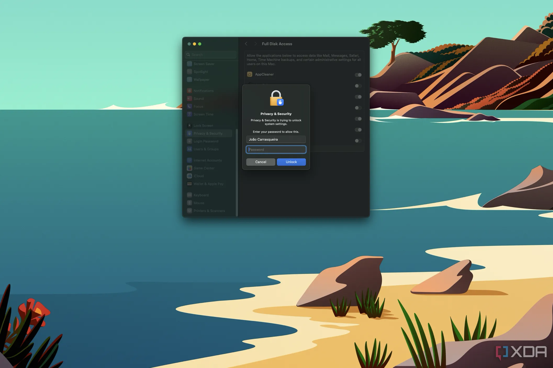 Màn hình nhắc nhở nhập mật khẩu trên macOS khi thay đổi cài đặt quyền truy cập ổ đĩa, minh họa sự bất tiện khi mật khẩu không đồng bộ.