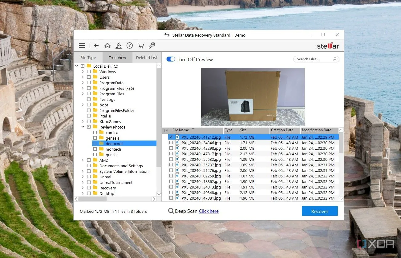 Màn hình phần mềm Stellar Data Recovery đang quét tập tin, biểu thị quá trình khôi phục dữ liệu từ ổ cứng