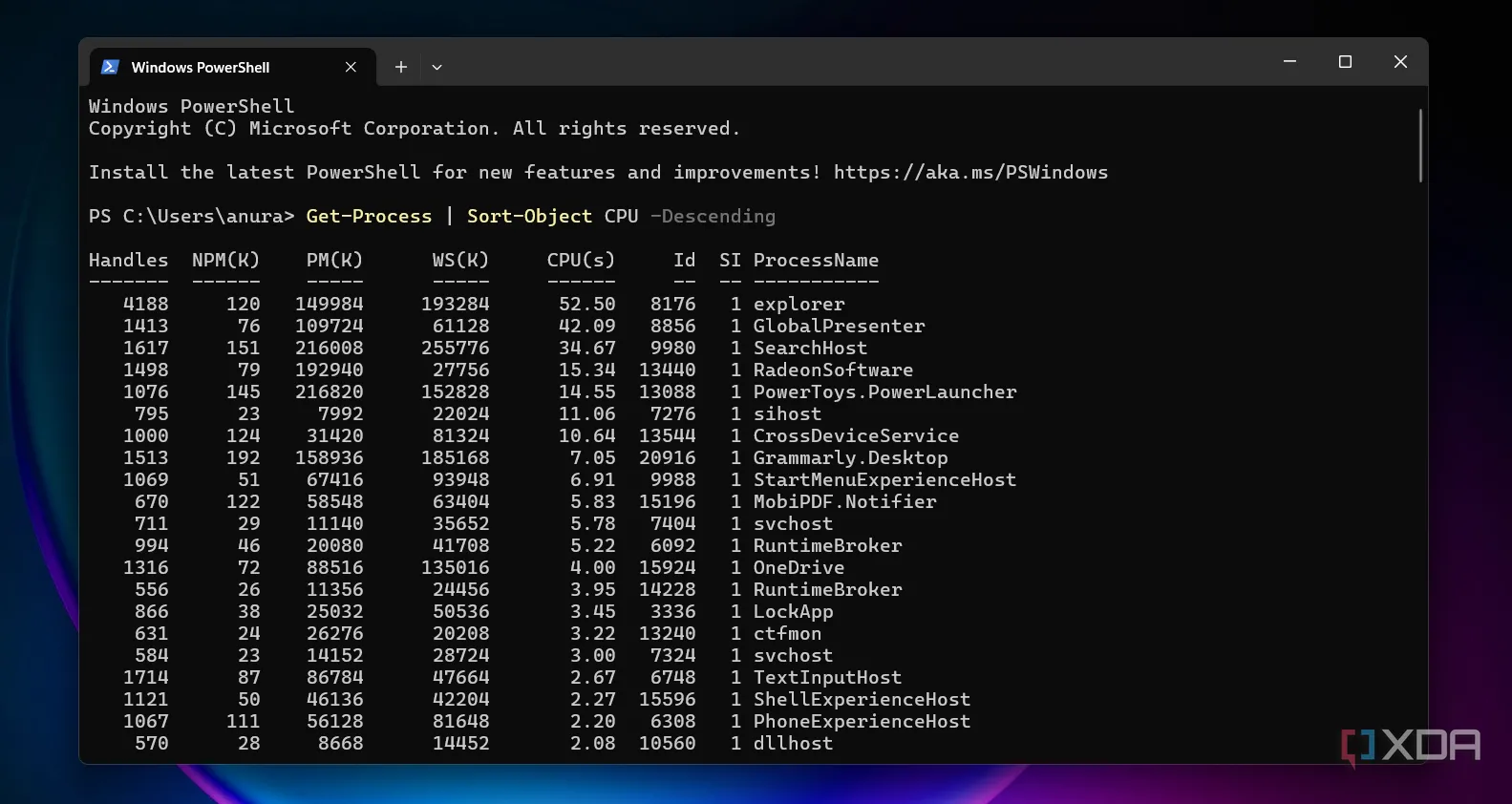Màn hình PowerShell hiển thị các thông số hiệu suất hệ thống, minh họa cho việc cải thiện khi không dùng antivirus bên thứ ba