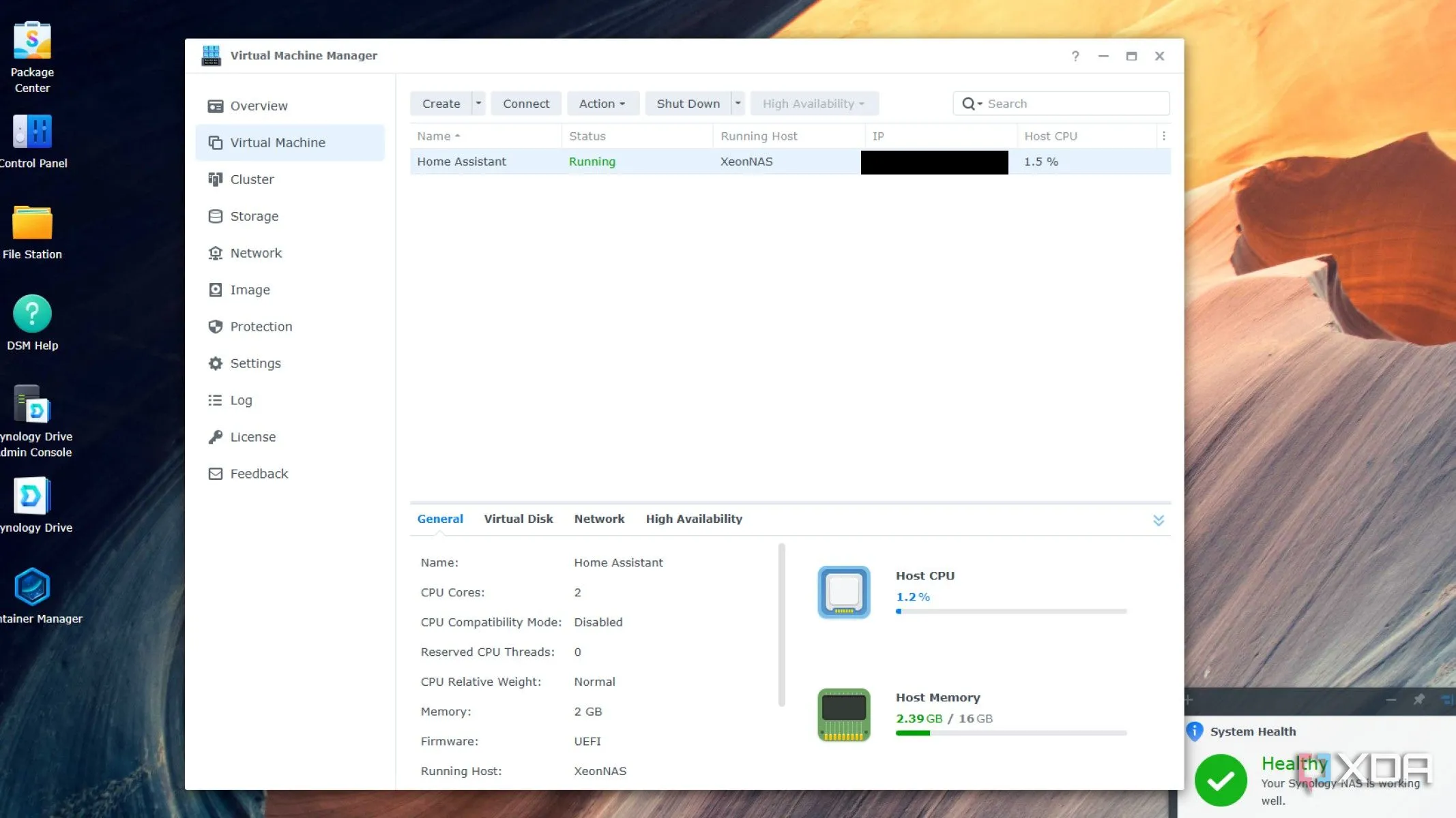 Màn hình quản lý máy ảo Synology DSM 7 hiển thị Home Assistant OS đang chạy