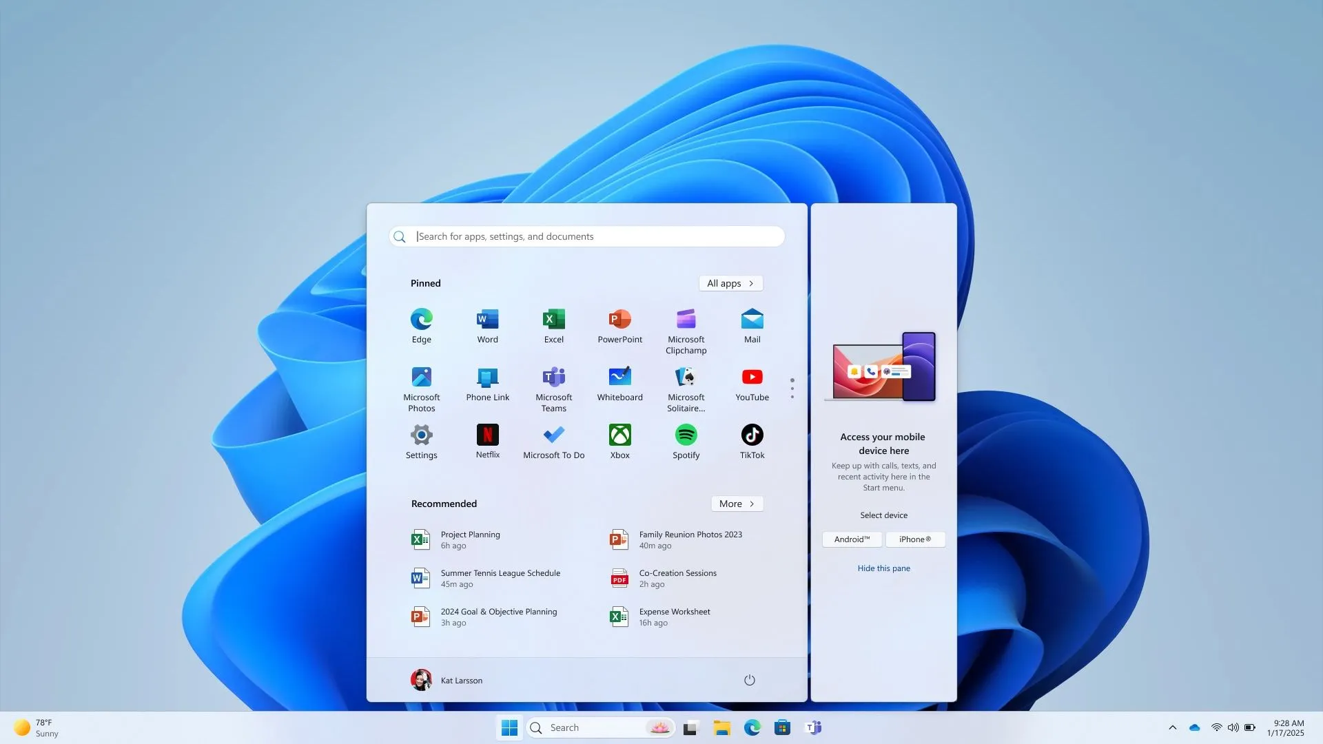 Màn hình Start Menu Windows 11 với tùy chọn kết nối điện thoại Android hoặc iPhone, đơn giản hóa quá trình thiết lập Phone Link.