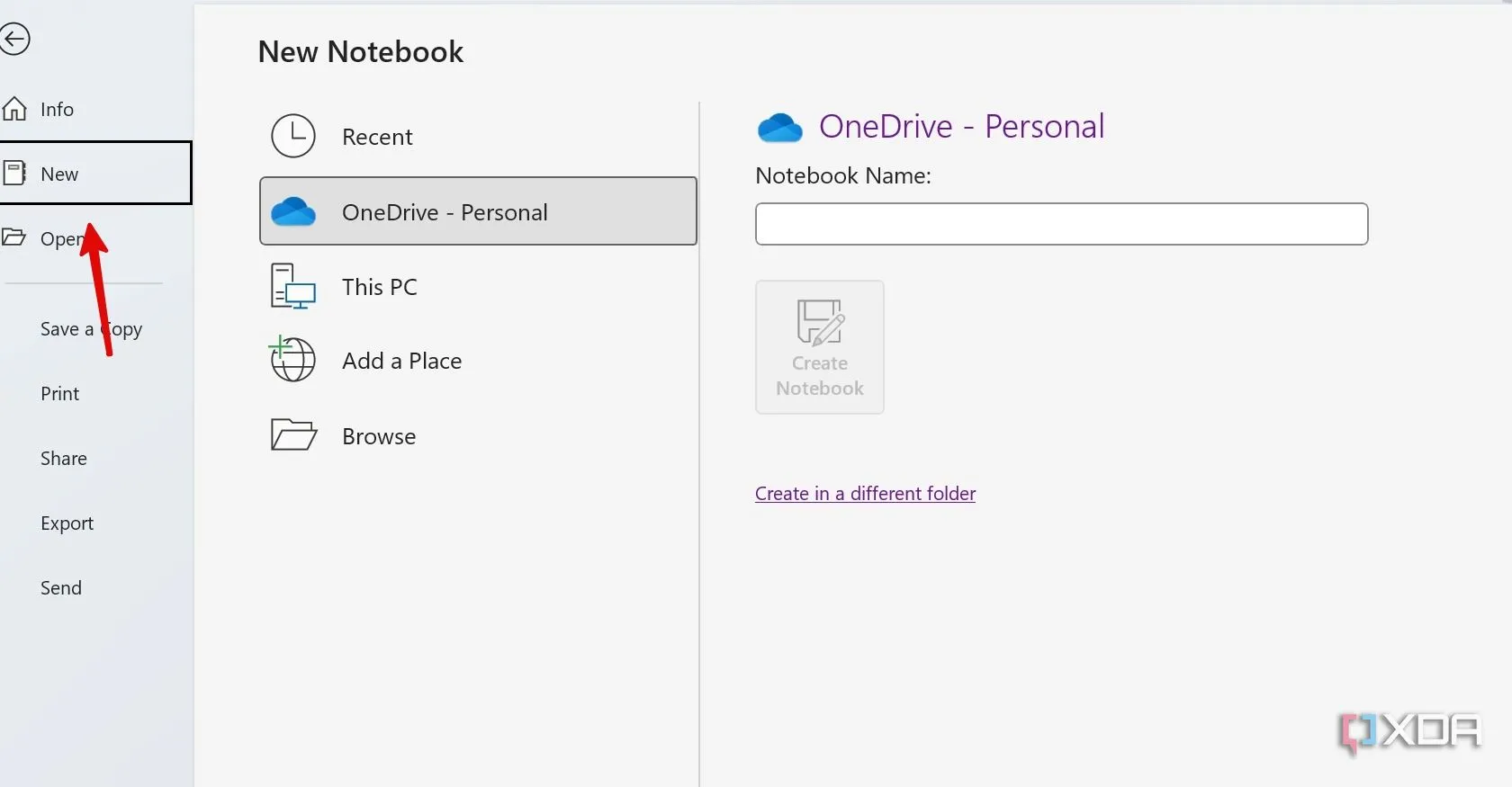 Màn hình tạo sổ tay mới trong OneNote, nơi người dùng đặt tên và chọn vị trí lưu