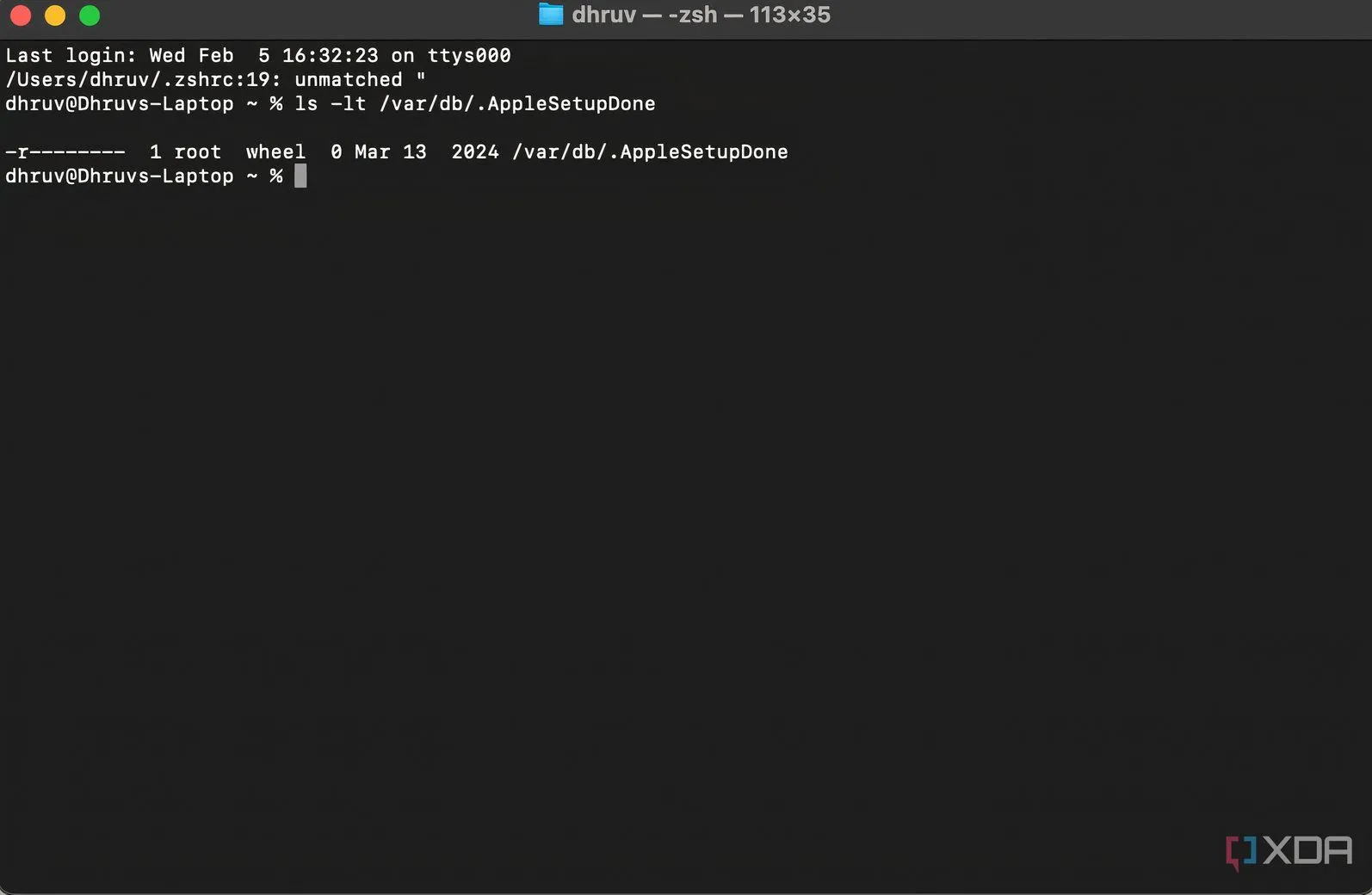 Màn hình Terminal trên macOS hiển thị kết quả lệnh kiểm tra nhật ký cài đặt hệ điều hành, giúp ước tính thời gian sử dụng ổ cứng.