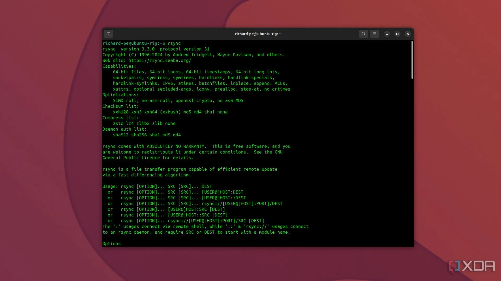 Màn hình terminal Ubuntu 24.10 hiển thị lệnh Rsync để đồng bộ hóa tệp