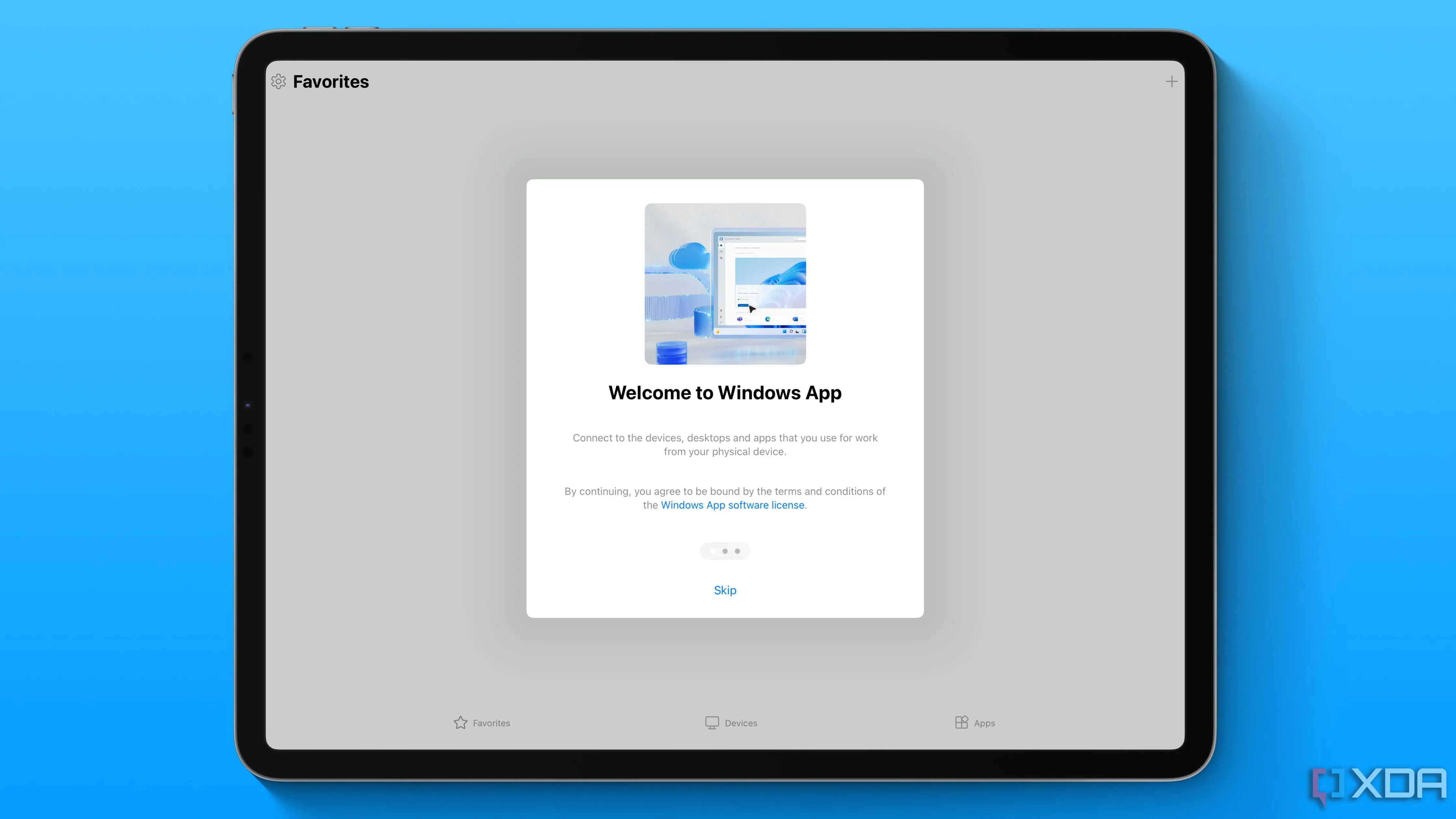 Màn hình thiết lập ứng dụng Windows trên iPad Pro, hiển thị các tùy chọn kết nối với Cloud PCs và Remote Desktop.