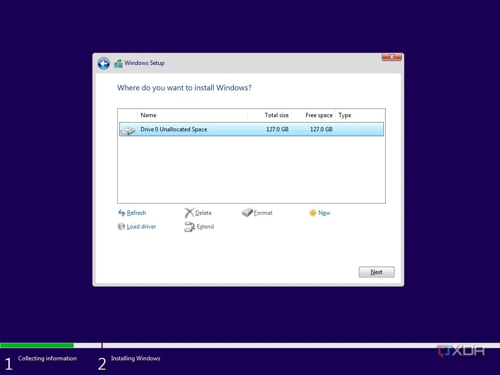 Màn hình thiết lập Windows 11 hiển thị danh sách ổ đĩa, chỉ có một ổ đĩa chưa được phân bổ