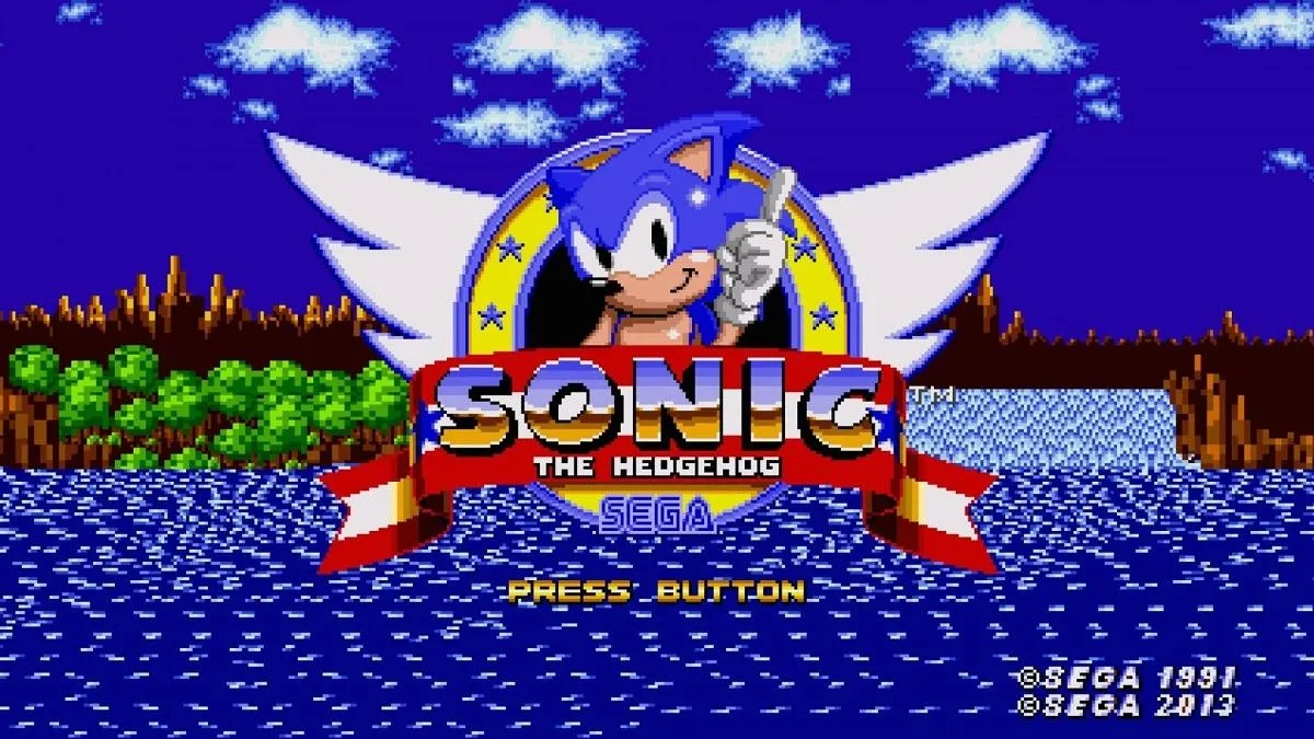 Màn hình tiêu đề game Sonic the Hedgehog trên Sega Genesis, biểu tượng của sự cạnh tranh console thập niên 90