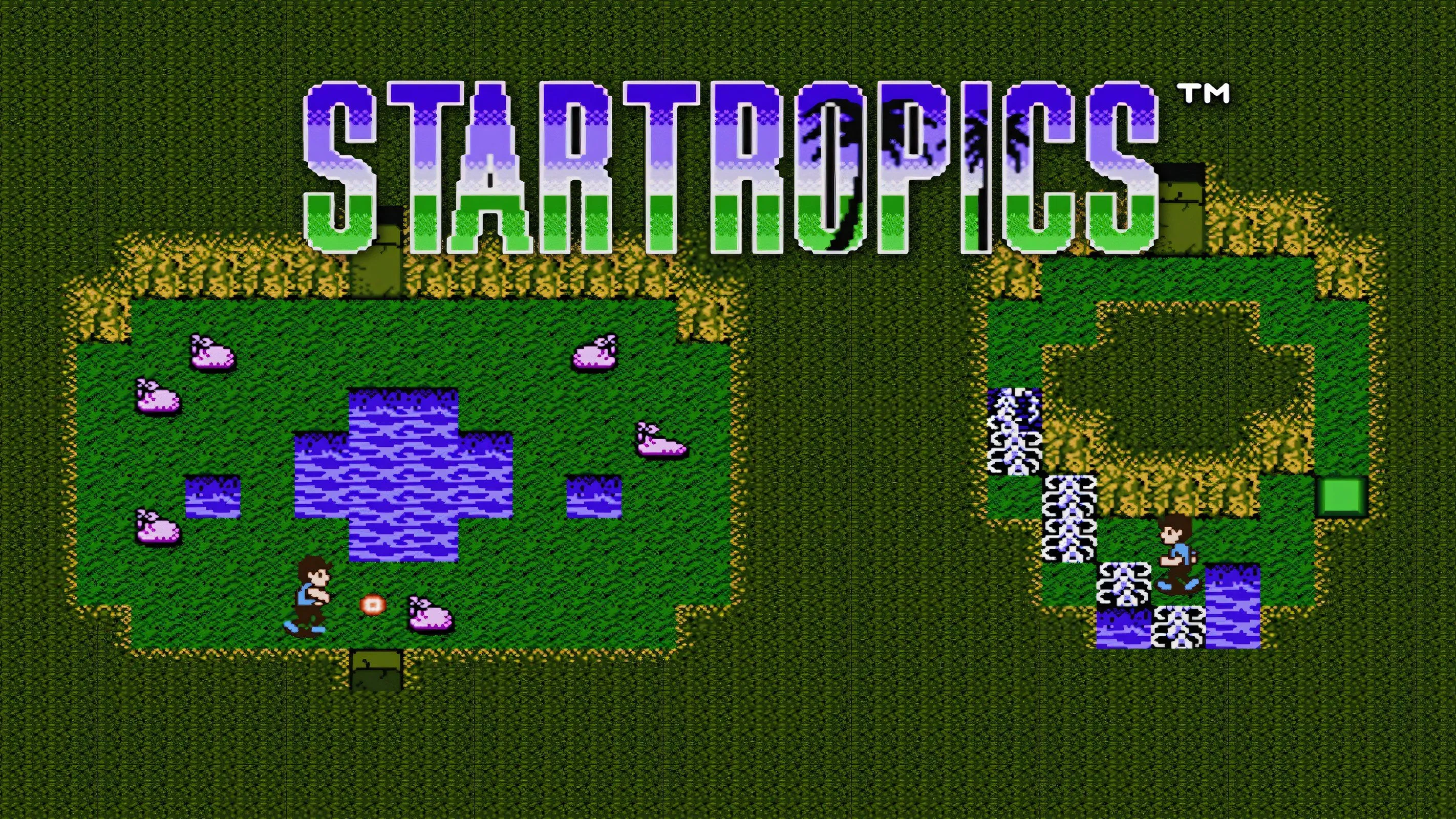 Màn hình tiêu đề game StarTropics trên NES, một tựa game phiêu lưu độc đáo.
