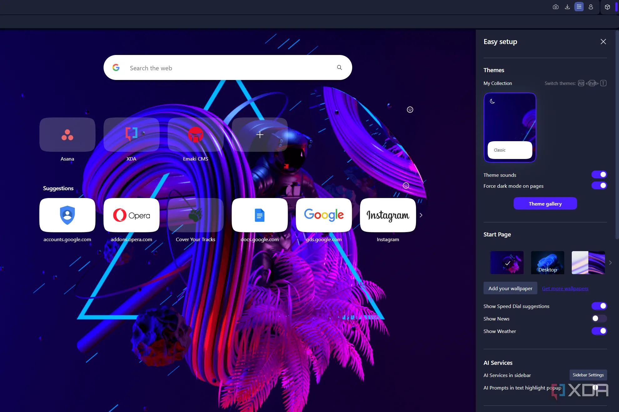 Màn hình tính năng Thiết lập Dễ dàng (Easy Setup) của trình duyệt Opera