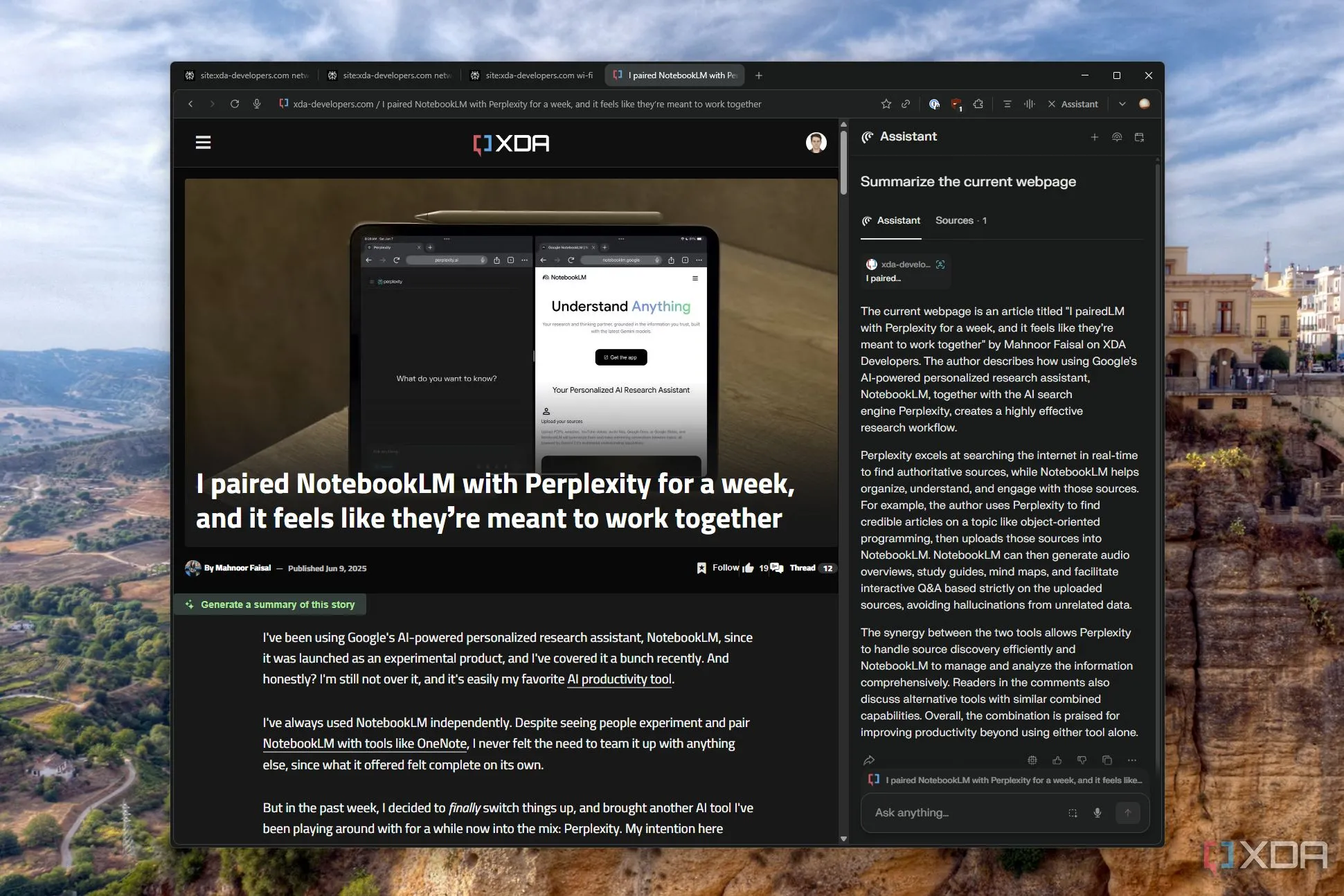 Màn hình trình duyệt Perplexity Comet hiển thị trang web XDA Developers với thanh tìm kiếm AI