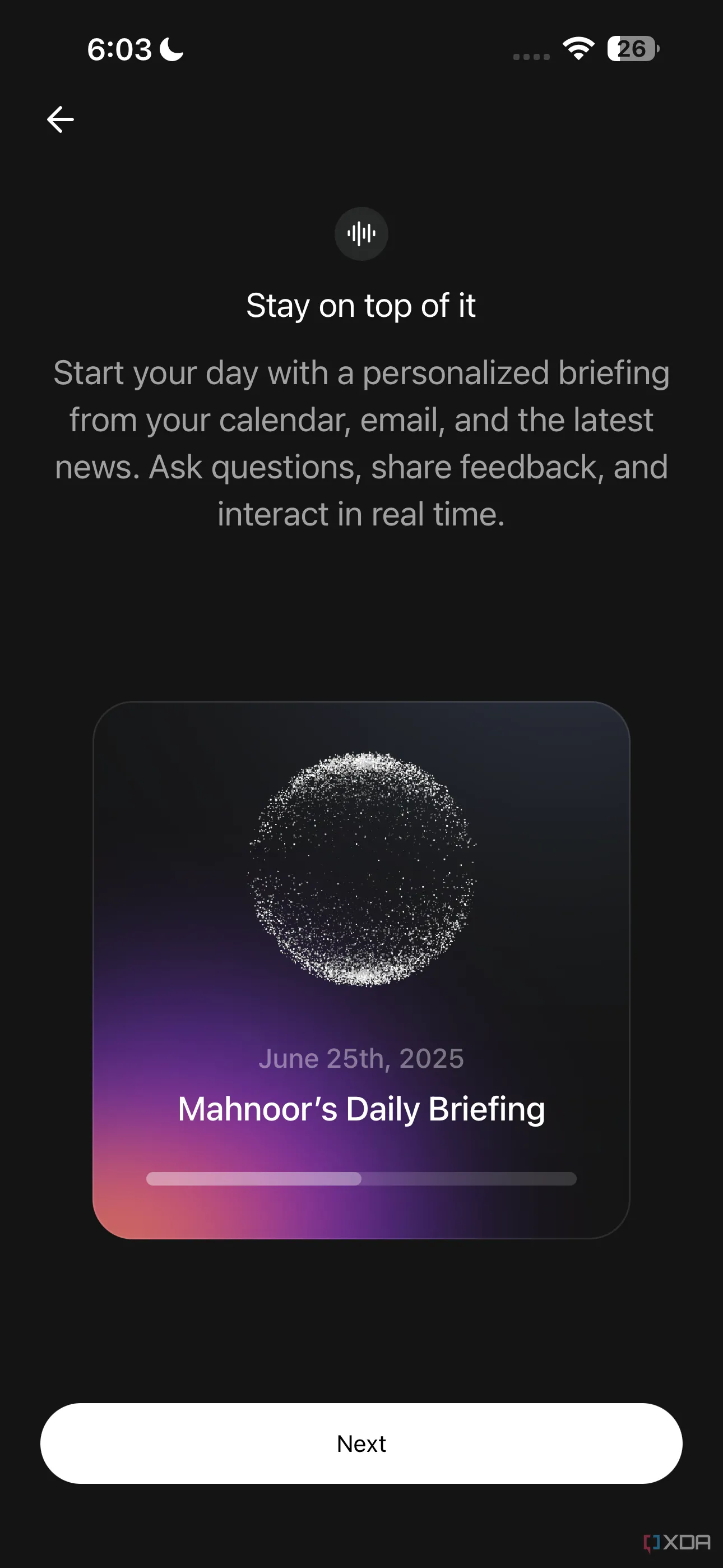 Màn hình ứng dụng Huxe hiển thị thông tin về tính năng Daily Briefing