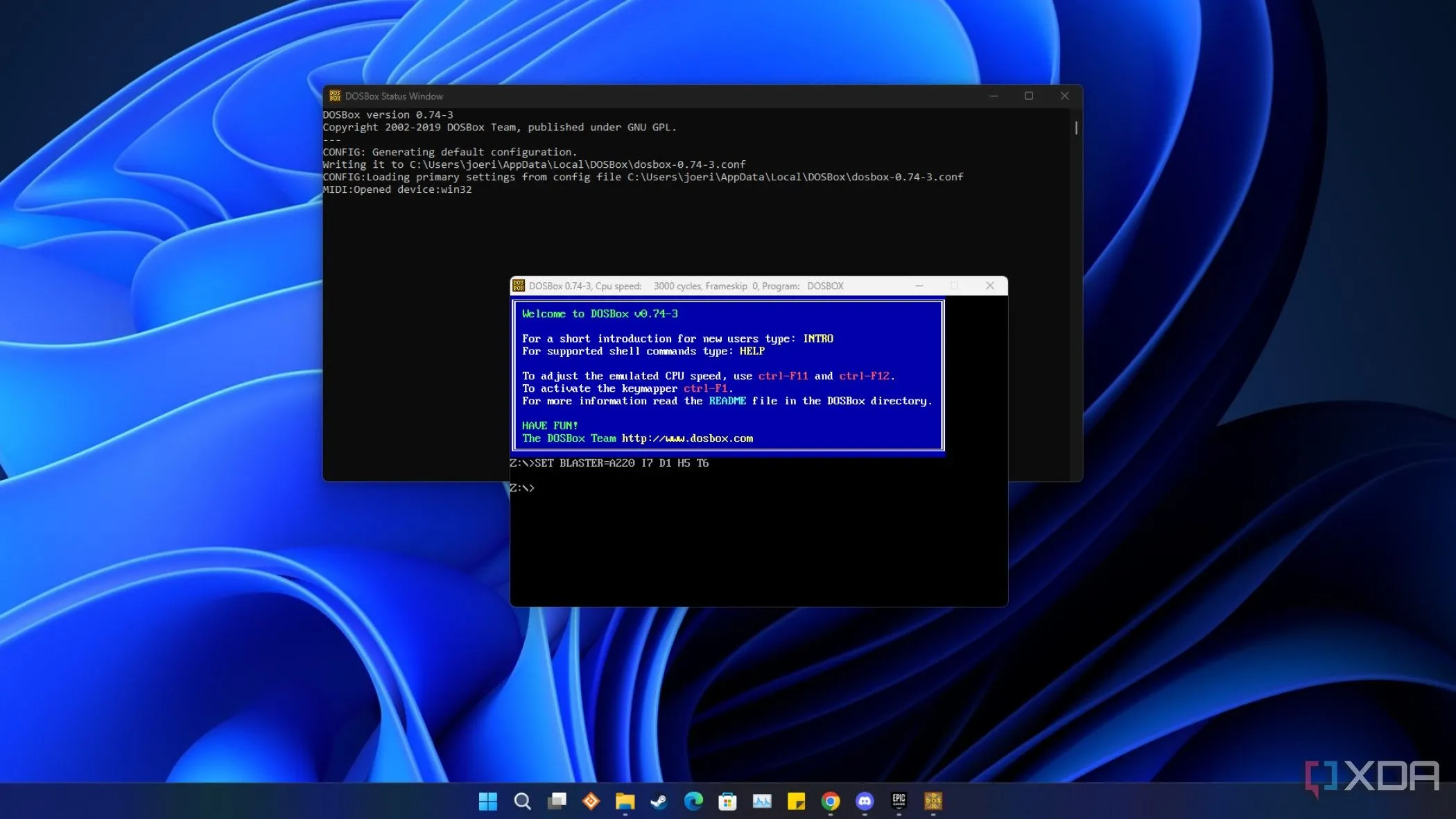 Màn hình Windows 11 chạy DOSBox hiển thị game DOS cổ điển