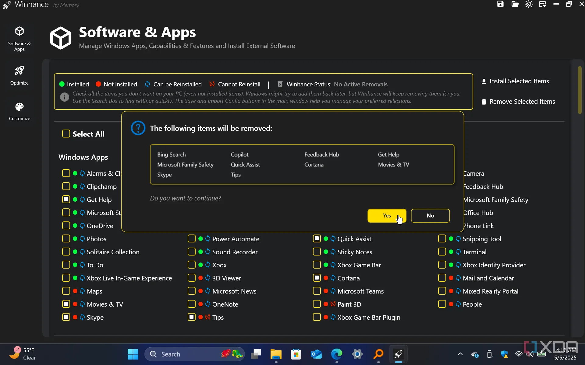 Màn hình Winhance hiển thị danh sách các tính năng Windows có thể gỡ bỏ
