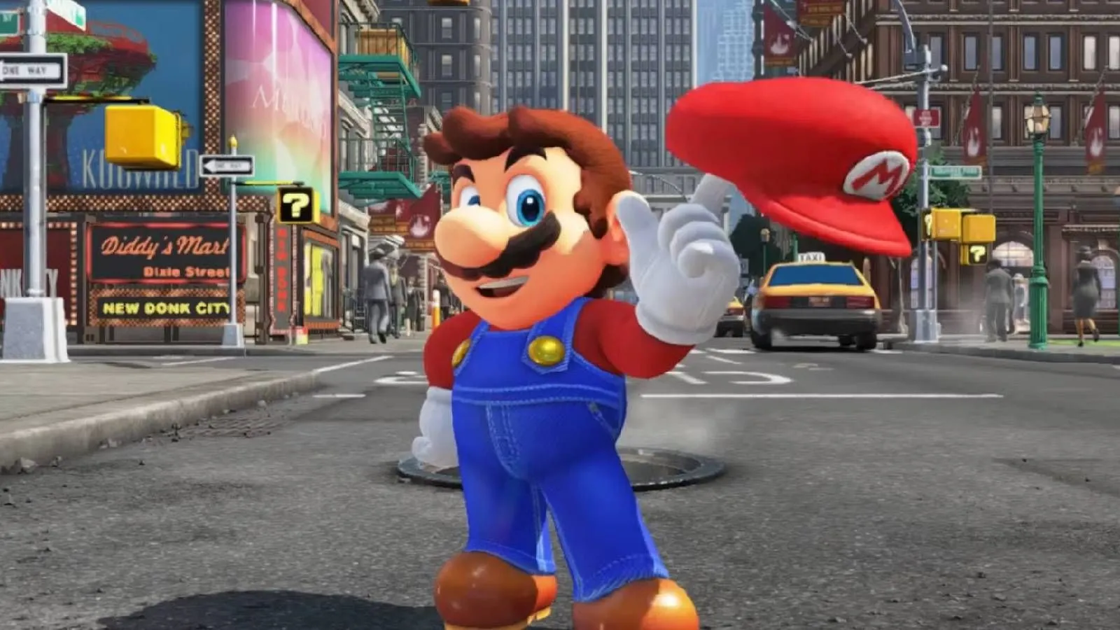 Mario cùng chiếc mũ Cappy bay lượn trên đường phố New Donk City trong Super Mario Odyssey