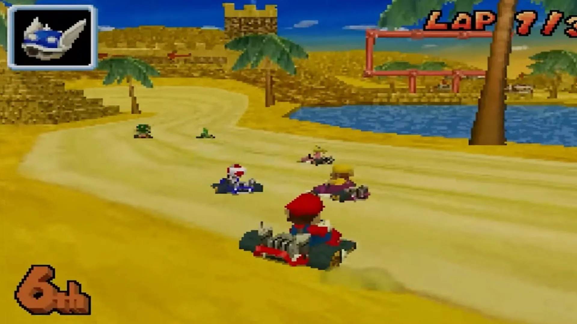 Mario đang đua và bị Vỏ Xanh tấn công trong Mario Kart DS, minh họa lối chơi đặc trưng của dòng game đua xe Nintendo