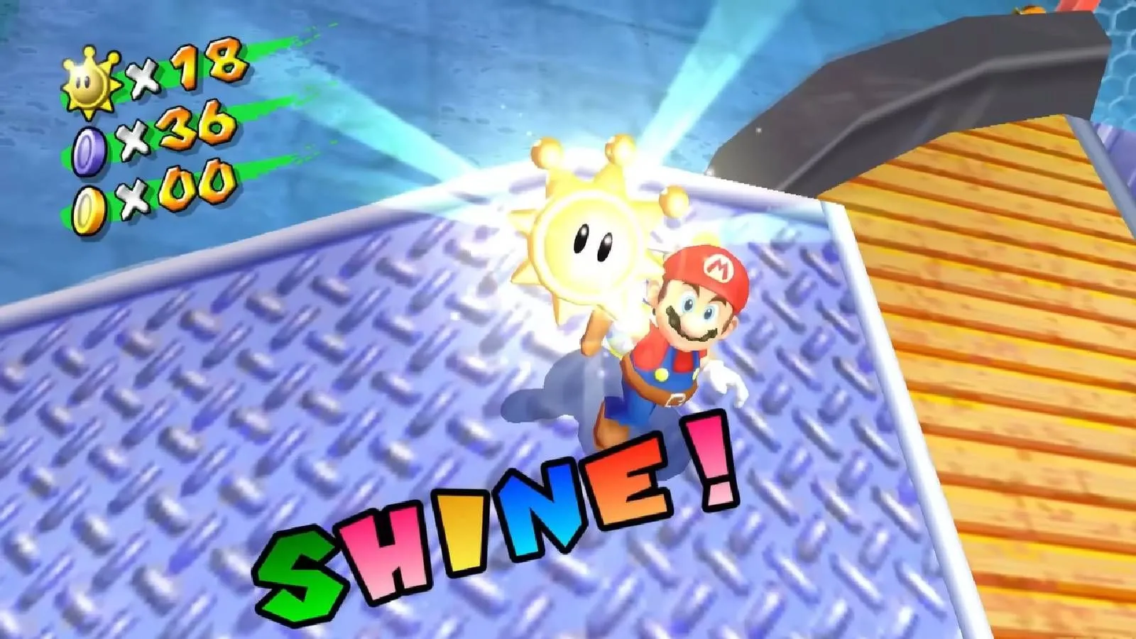 Mario thu thập vật phẩm Shine trong game Super Mario Sunshine của Nintendo