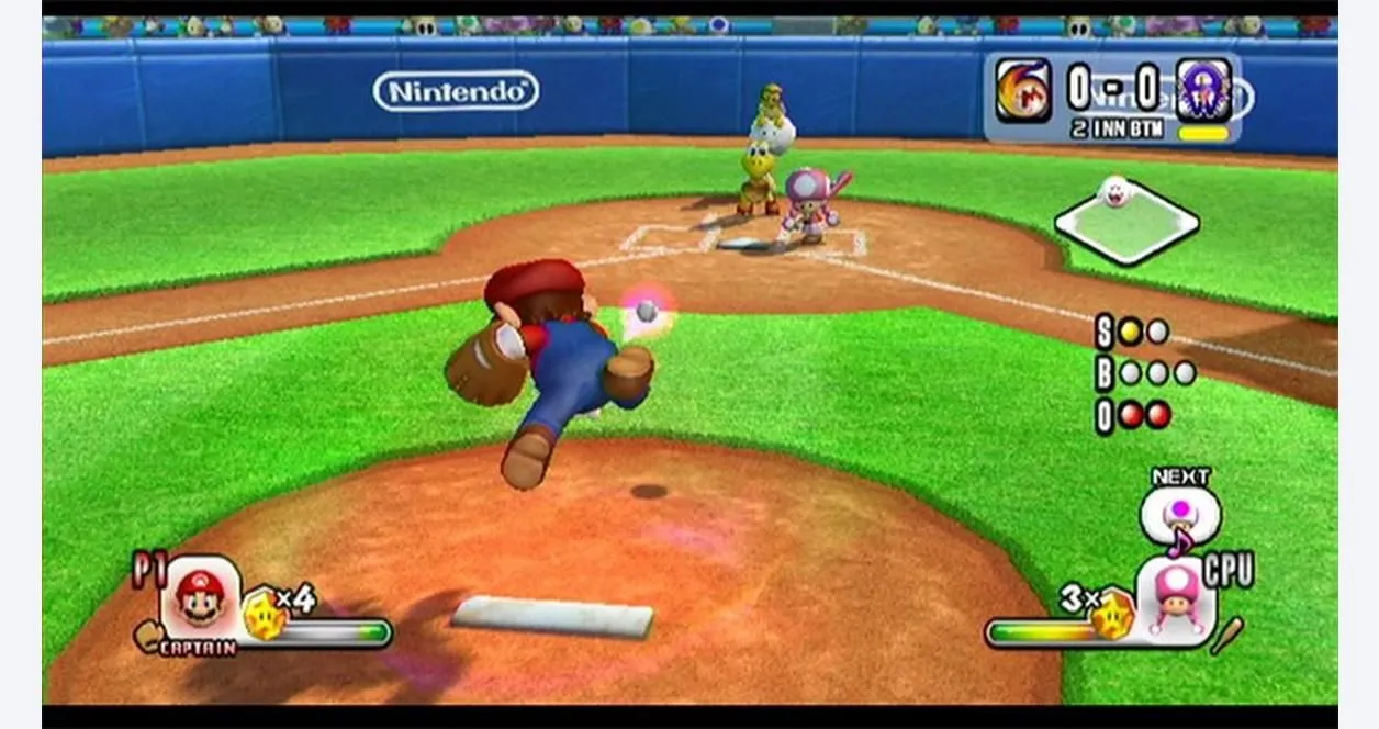 Mario trong trang phục bóng chày đang thực hiện cú ném trong game Mario Super Sluggers.