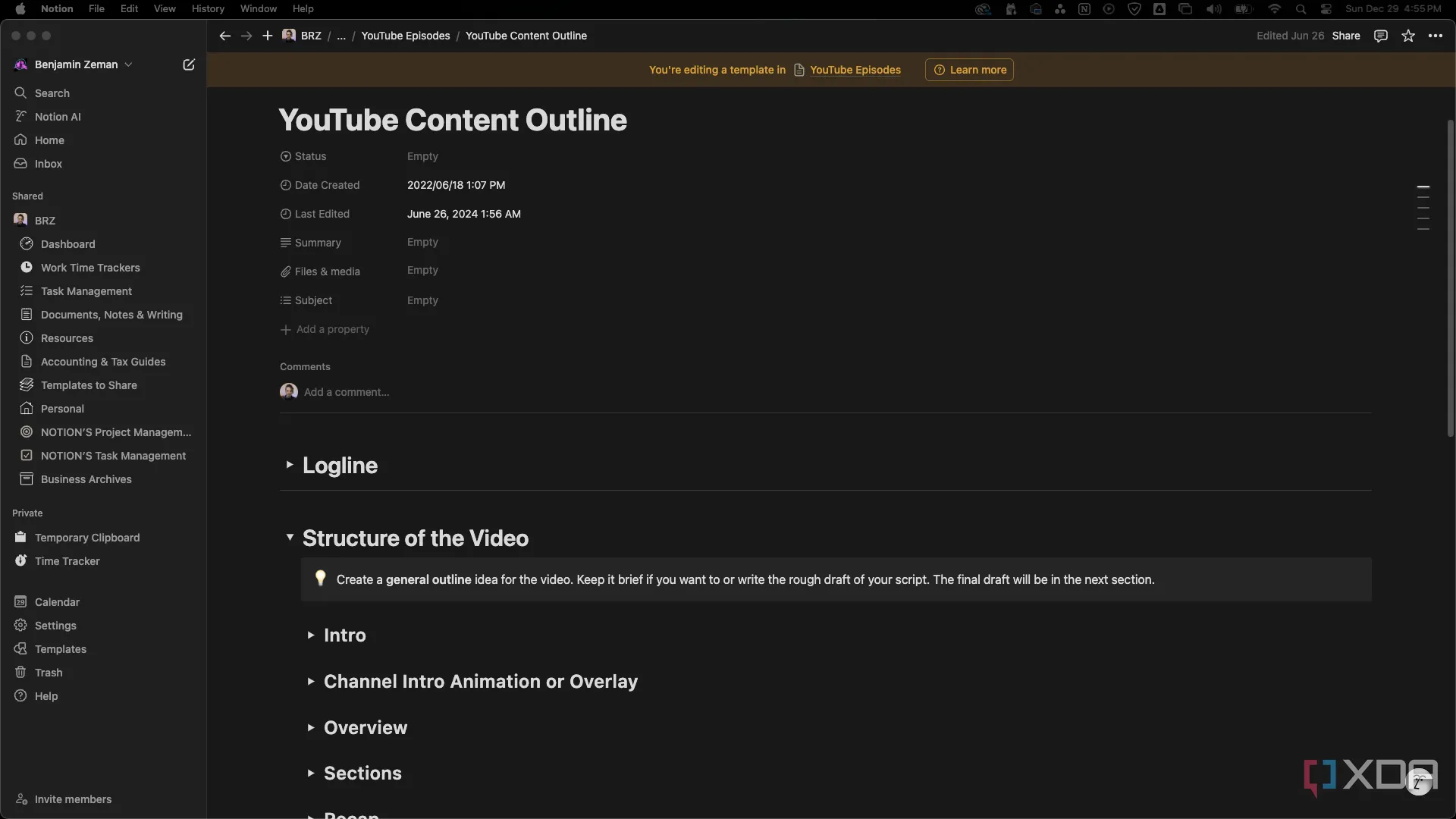 Mẫu trang Notion phác thảo nội dung video YouTube giáo dục cho tổ chức phi lợi nhuận