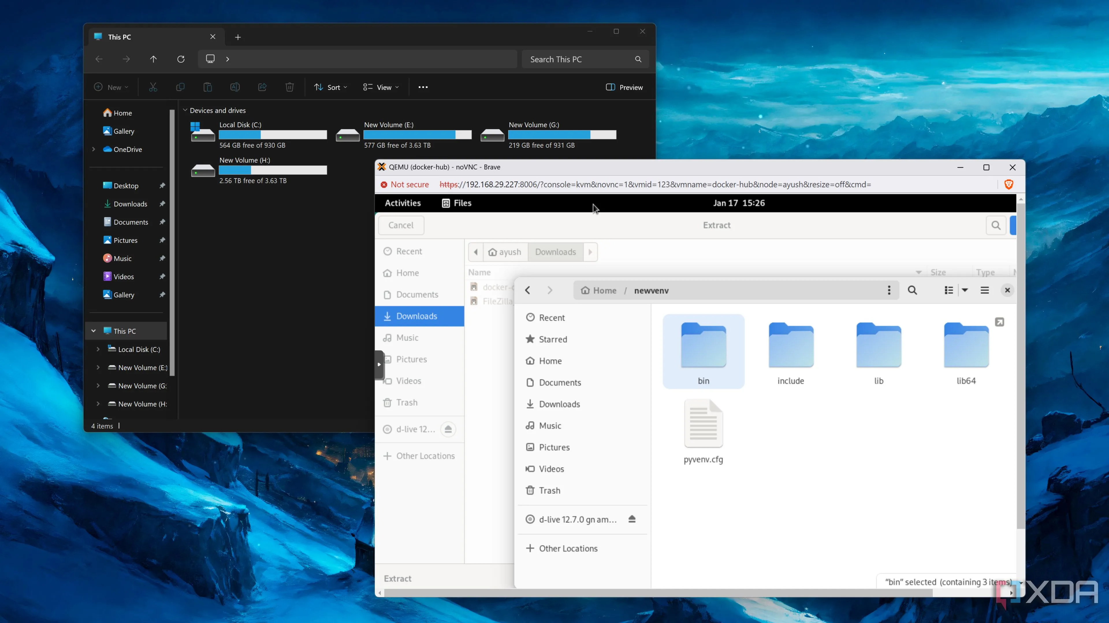 Máy ảo Debian chạy trên Proxmox với File Explorer của Windows 11 mở ở nền, minh họa khả năng cộng tác đa nền tảng