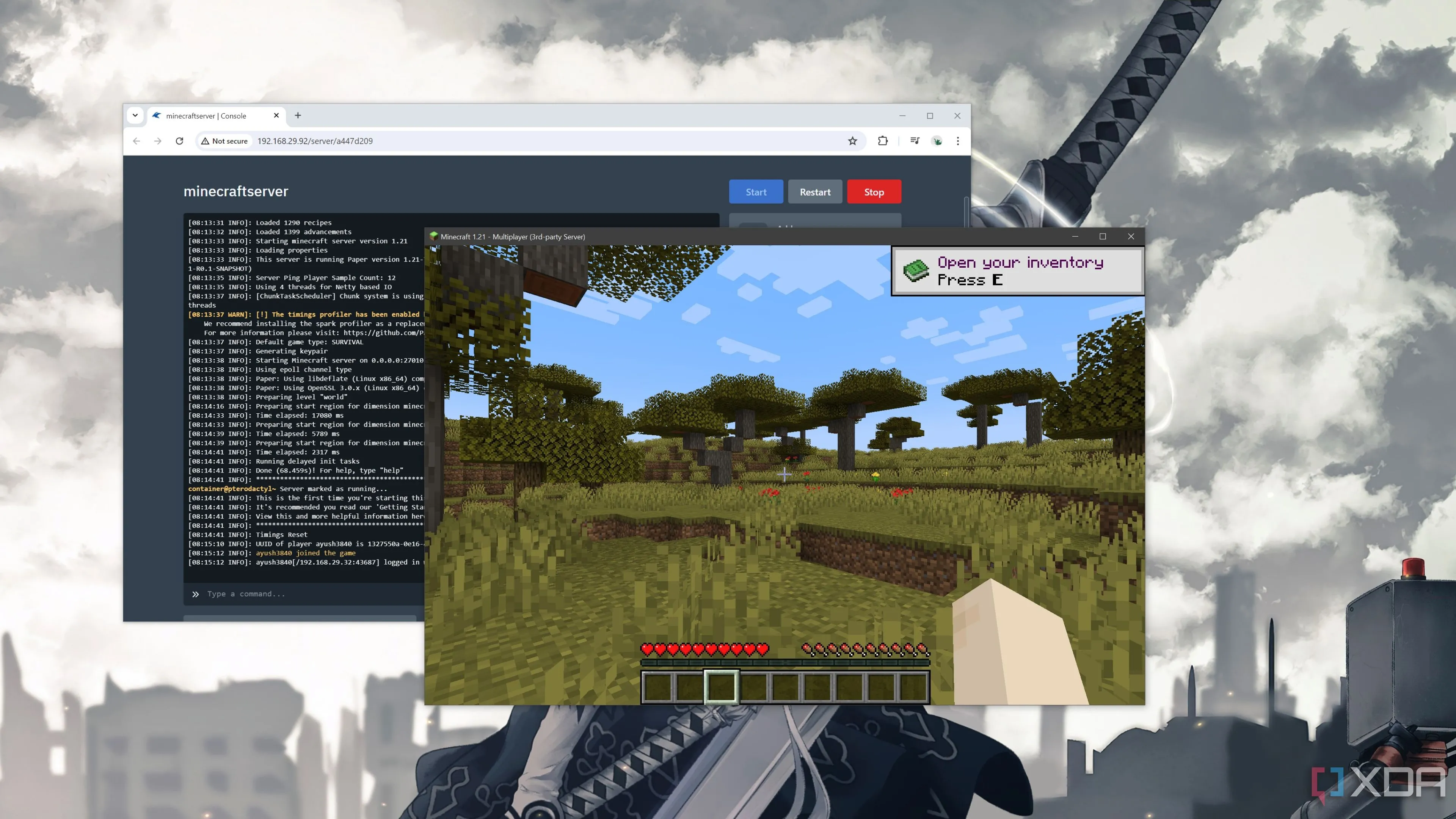 Máy chủ Minecraft đang chạy trên nền tảng Pterodactyl tự host