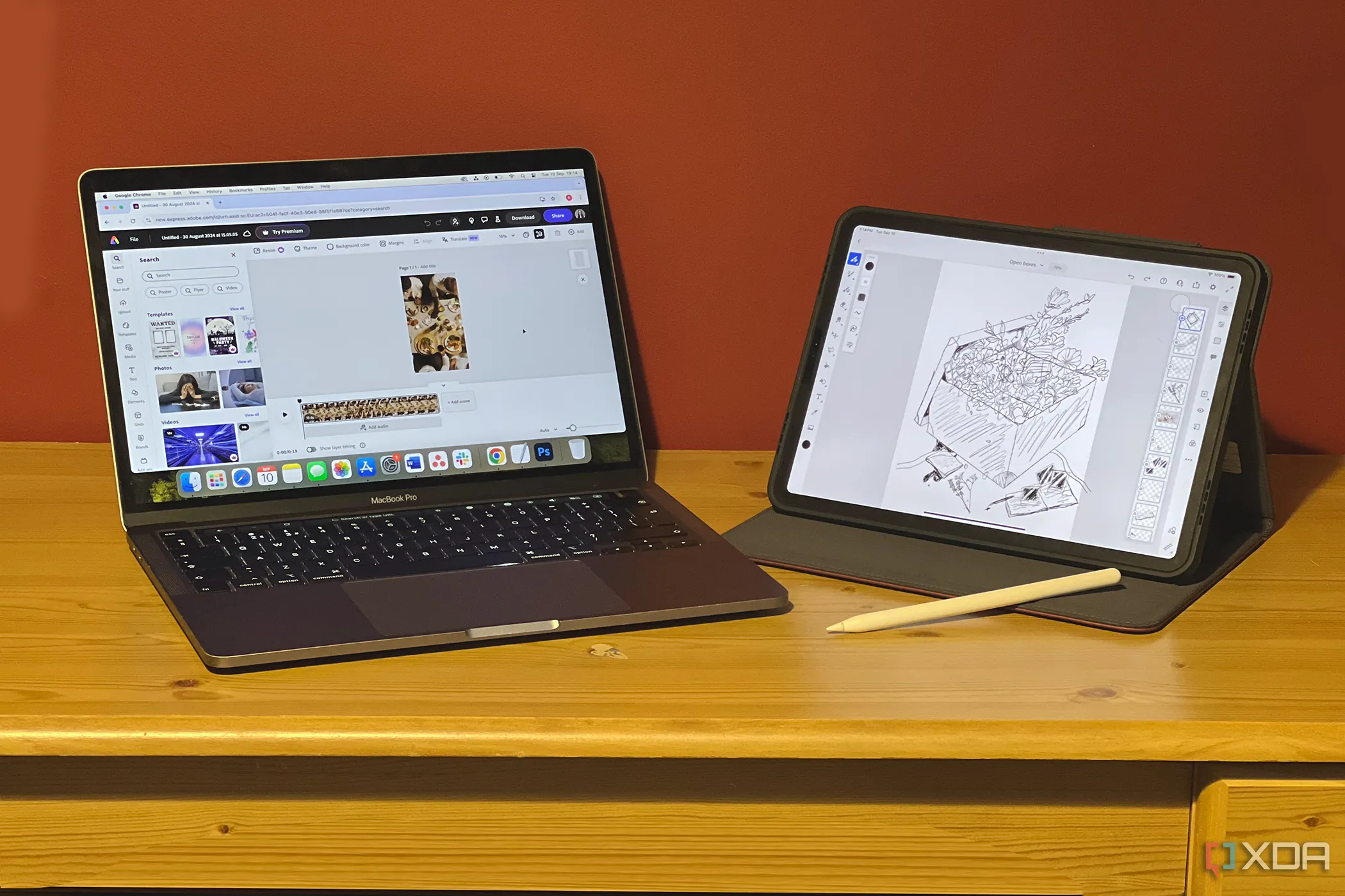 Máy tính MacBook và iPad hiển thị các ứng dụng Adobe Express và Fresco, minh họa hệ sinh thái Adobe.