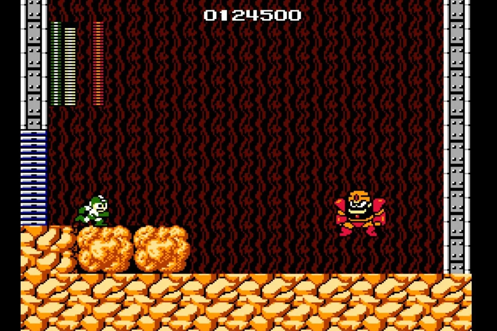 Mega Man đối đầu với một trong những con trùm robot khét tiếng, thể hiện độ khó đặc trưng của series game này trên NES.