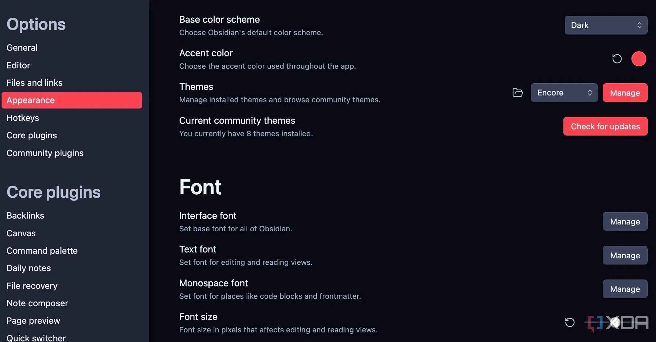 Menu Appearance trong Obsidian, nơi quản lý các chủ đề (themes)