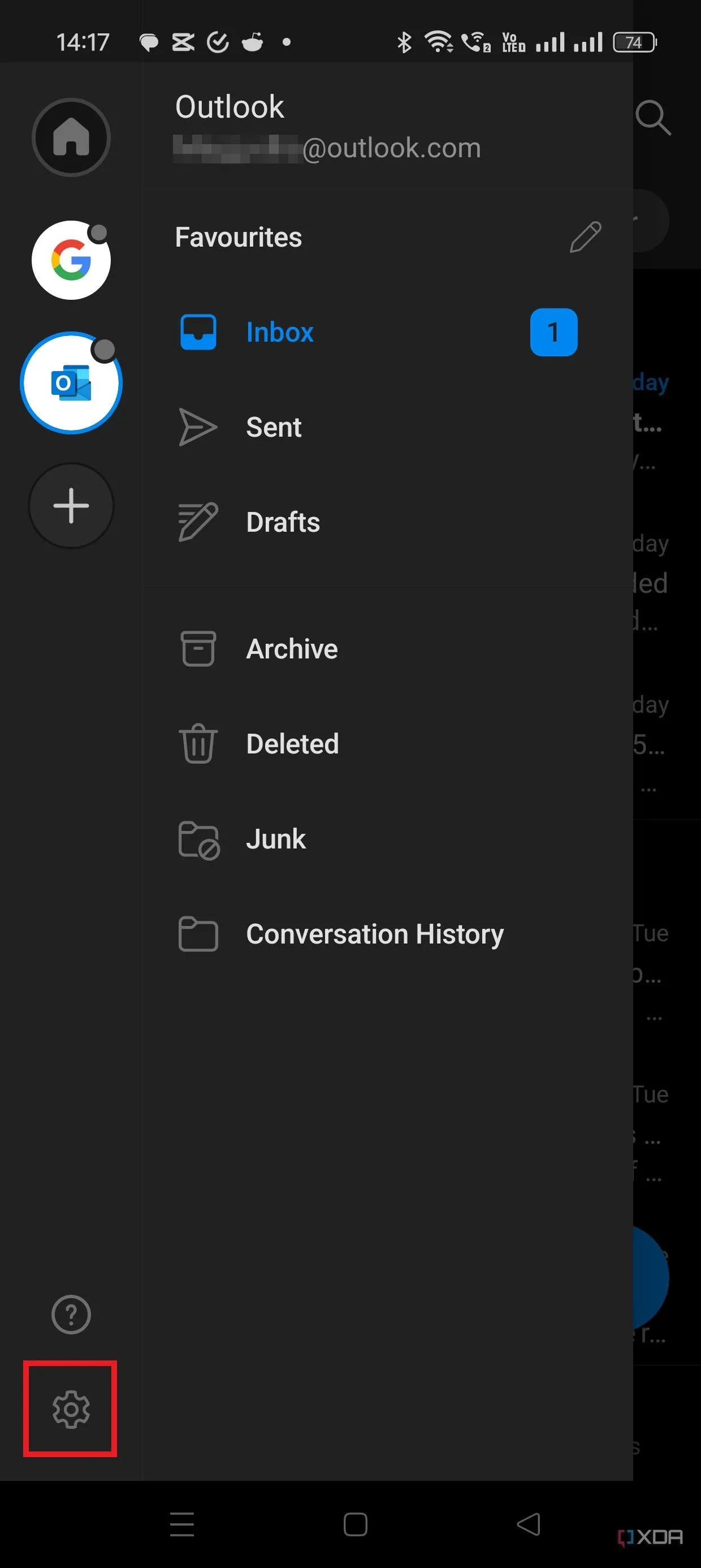 Menu bên trong ứng dụng Outlook di động