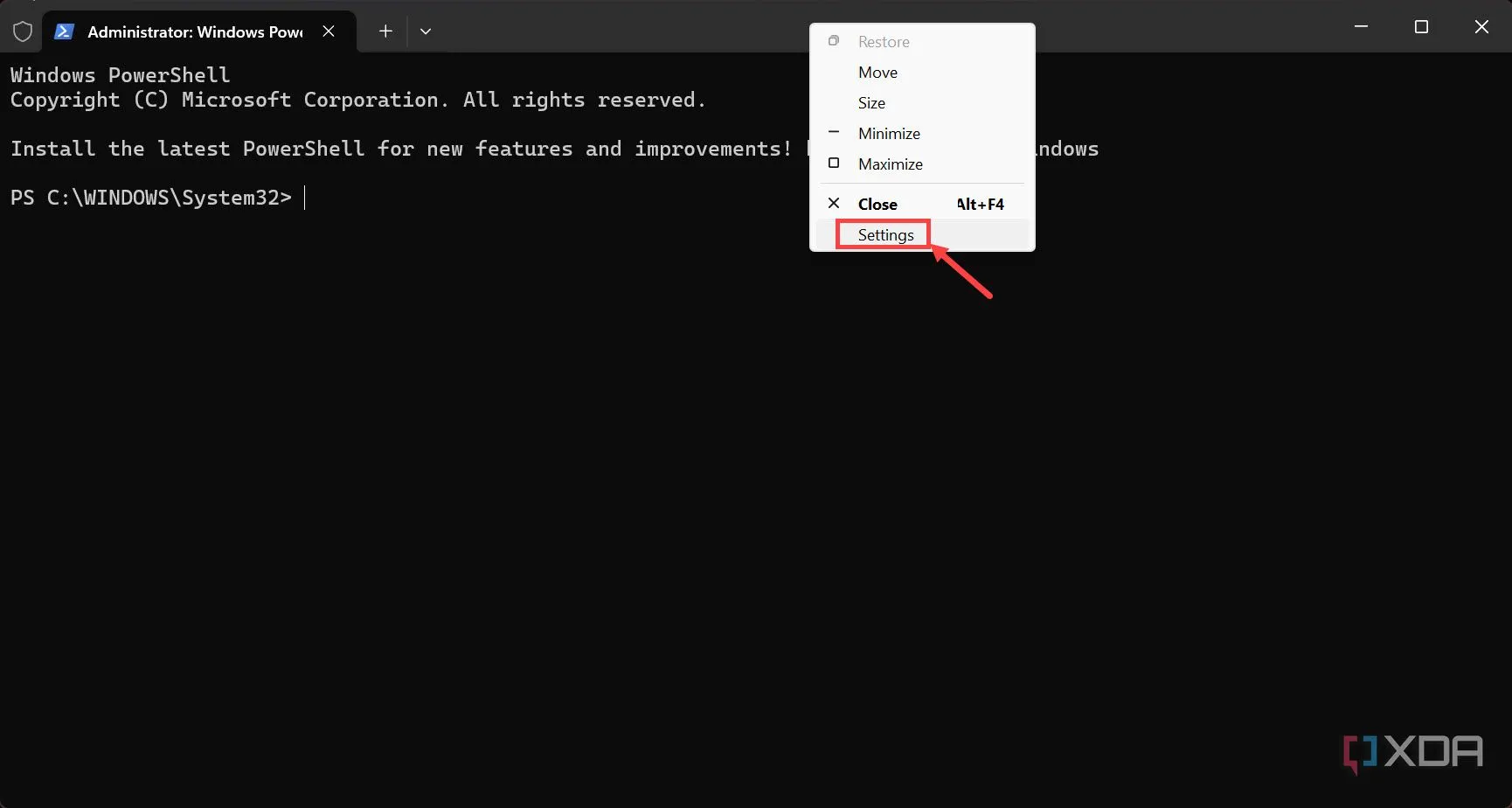 Menu cài đặt của Windows Terminal hiển thị tùy chọn Settings