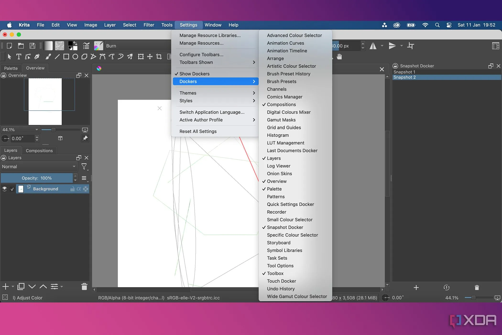 Menu cài đặt Docker trong Krita, cho phép người dùng tùy chỉnh và sắp xếp các bảng điều khiển để tối ưu không gian làm việc.